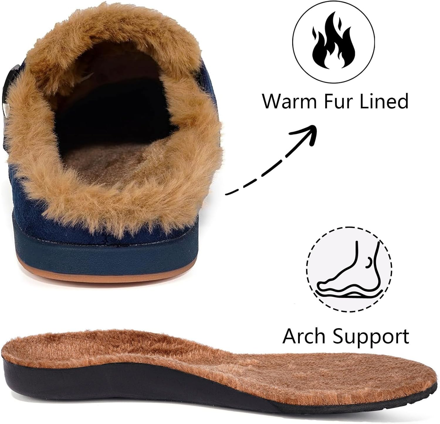Fur Lined Clogs for Women Men Suede Winter Slippers Arch Support Slip on Mules Potato Shoes with Removable Cushion Footbed Warm Home House Shoes, Deep Blue, 7.5 Women/6 Men image number 5