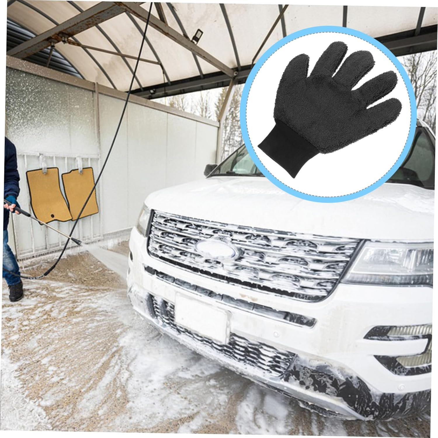 CVUTOVO Car Washing Glove Double-Sided Coral Fleece Wash Mitt 5-Finger Thickened Microfiber Dusting Mitt for Vehicle Exterior Cleaning Black Suitable for Automotive Detailing image number 3