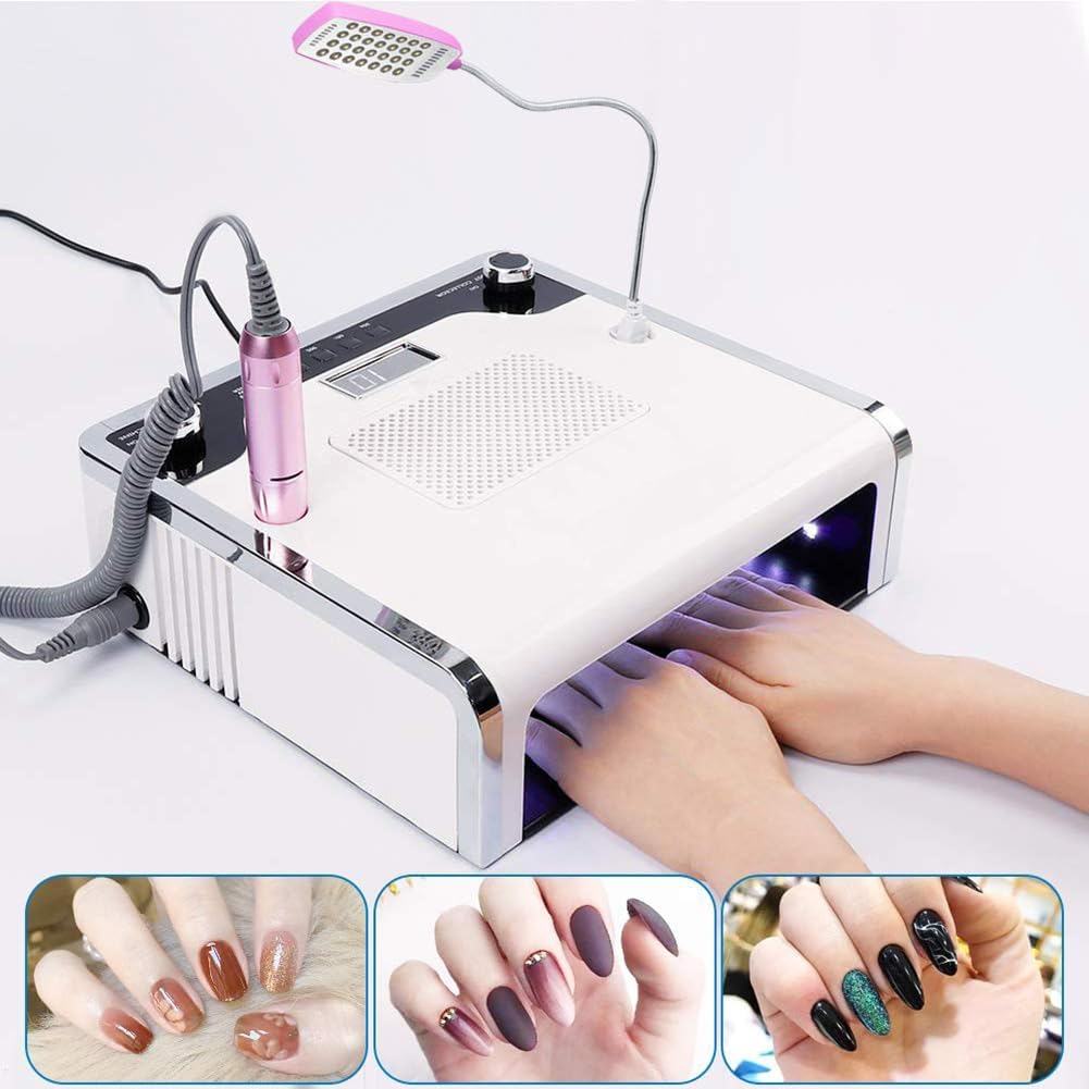 Xoxomeg 4 in 1 Nail Dust Collector, Nail Dryer Vacuum Cleaner with LED Lamp, 35000Rpm/Min, Adjustable Turning Direction, Electric Nail Drill Machine, for Salon & Home