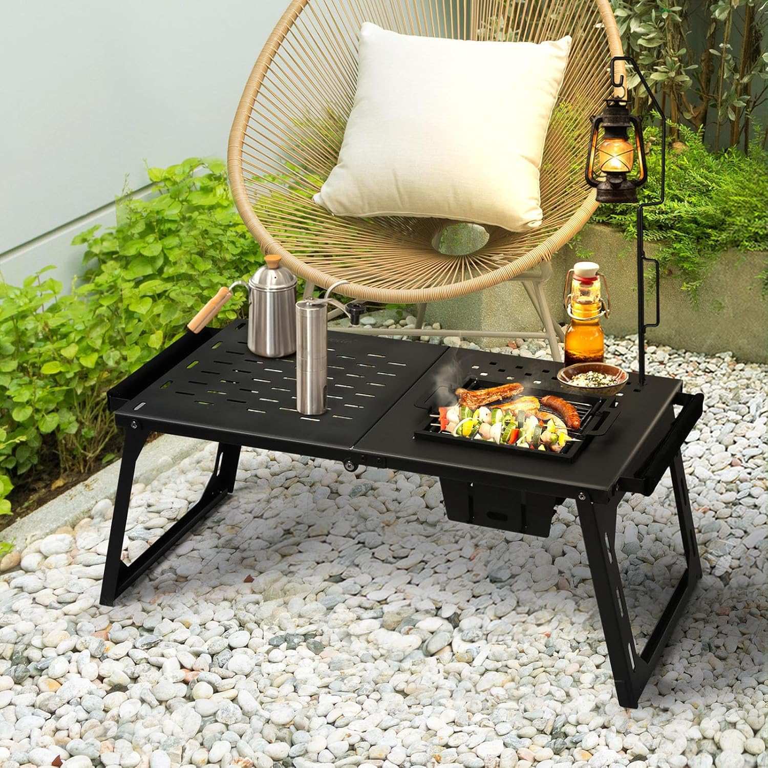 Levede Foldable Camping Table with Charcoal BBQ Grill Rack, Outdoor Portable Folding Steel Grill Desk with Lamp Bracket Hook, Cooking Barbecue Picnic Hiking Furniture Patio Dining Balcony Large Black image number 5