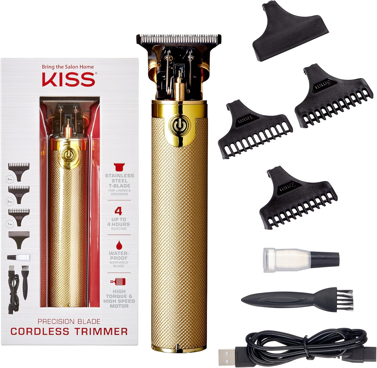KISS Precision Blade Cordless Trimmer with Stainless Steel T-Blade, Powerful High-Torque, High-Speed Motor, 3 Blade Guard Attachments & Blade Cover, USB Cable & Long-Lasting Lithium Ion Battery image number 4