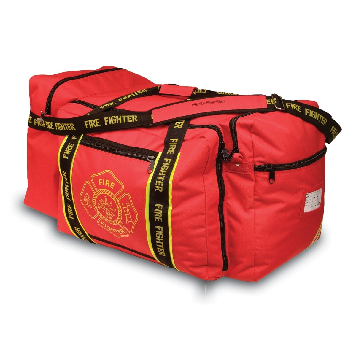 Occunomix OK-3000 Large Gear Bag, &ldquo;Firefighter&rdquo; Woven in Reflective Trim along Bag Straps, Maltese Cross Logo, 3 Compartments with 2 outside Zip Pockets, 29&rdquo; X 17&rdquo; X 16&rdquo;, Red