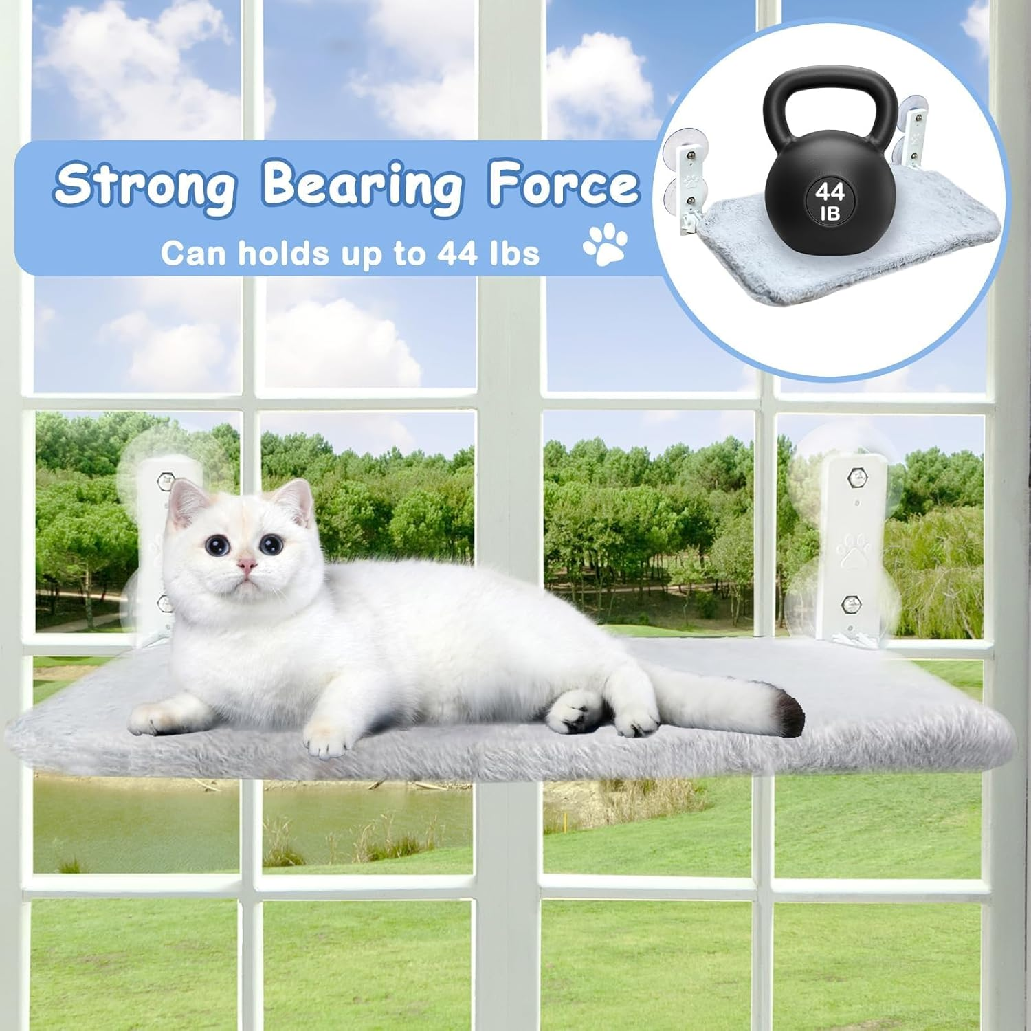 Foldable Cat Window Bed, Soft Cat Window Perch with Strong Suction Cups, 52X30Cm Cat Windowsill Seat with Replaceable Soft Cushion, Sturdy Holds up to 20Kg (Grey & Plush Fabric) image number 2