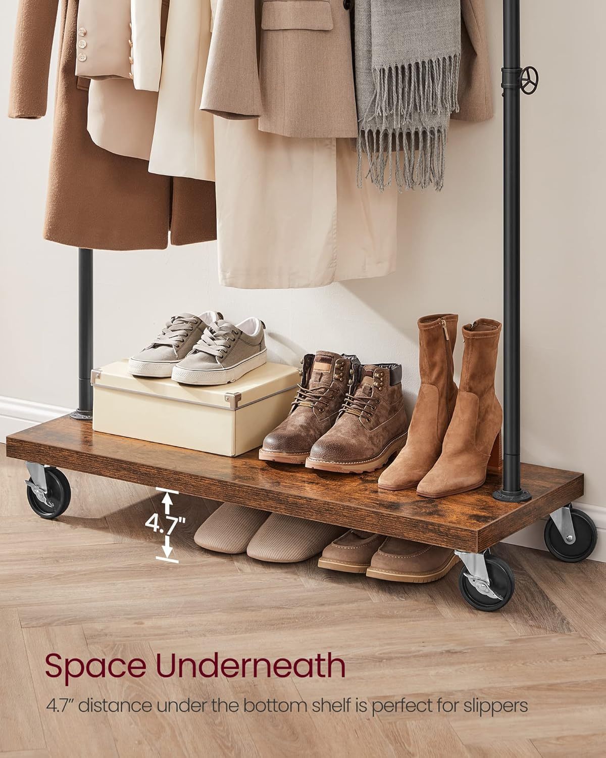 VASAGLE Clothes Rack, Heavy Duty Clothing Rack, Industrial Pipe Style Rolling Garment Rack with Shelf, for Bedroom, Laundry Room, Retail Store, Rustic Brown and Black HSR65BX image number 4