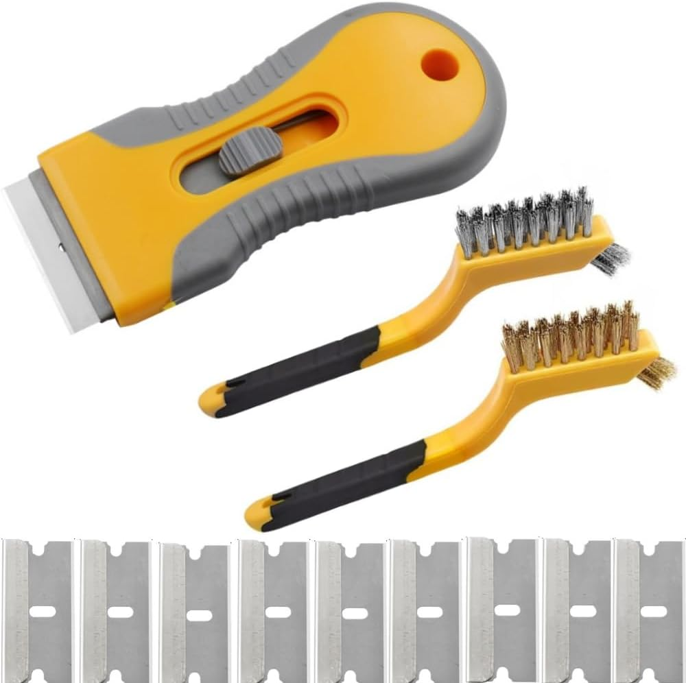 DACUAN Hob Oven Hand Cleaning Tool Set, Non-Scratch Glass Window Remover with 14 Spare Replacement + 2 Stainless Brush for Removing Burnt-On Food Glass Ceramic Wallpaper Labels Sticker Adhesive Glue