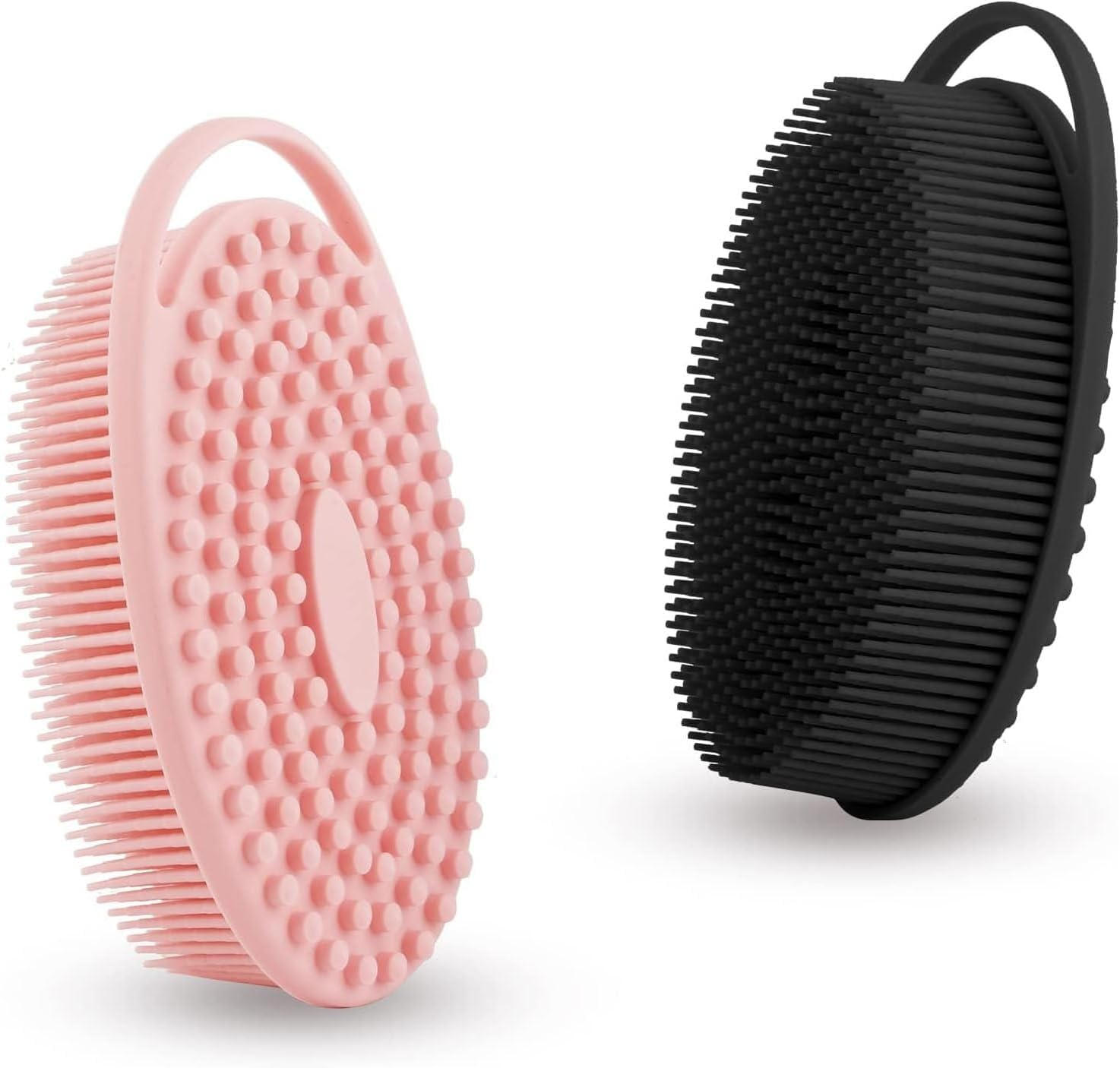 2-Pack Silicone Body Scrubber, 2-In-1 Bath Shampoo Body Brush, Soft Exfoliating Massage Loofah for All Skin Types，Double-Sided Design, Non-Slip Handle (Pink&Black)