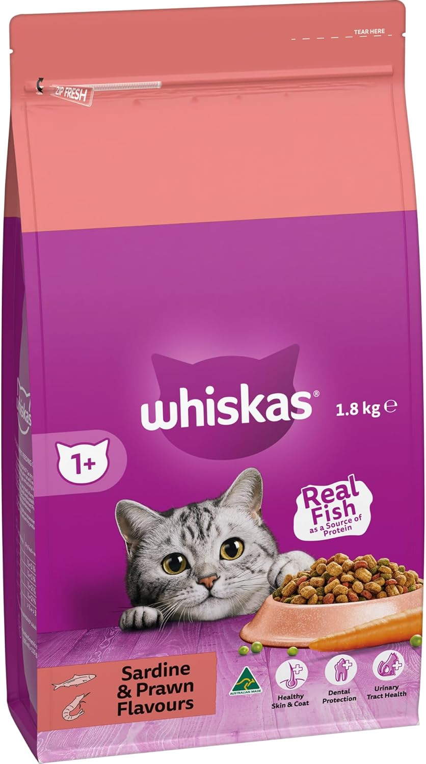 Whiskas Adult Dry Cat Food Sardine & Prawn 1.8Kg Bag, 4 Pack