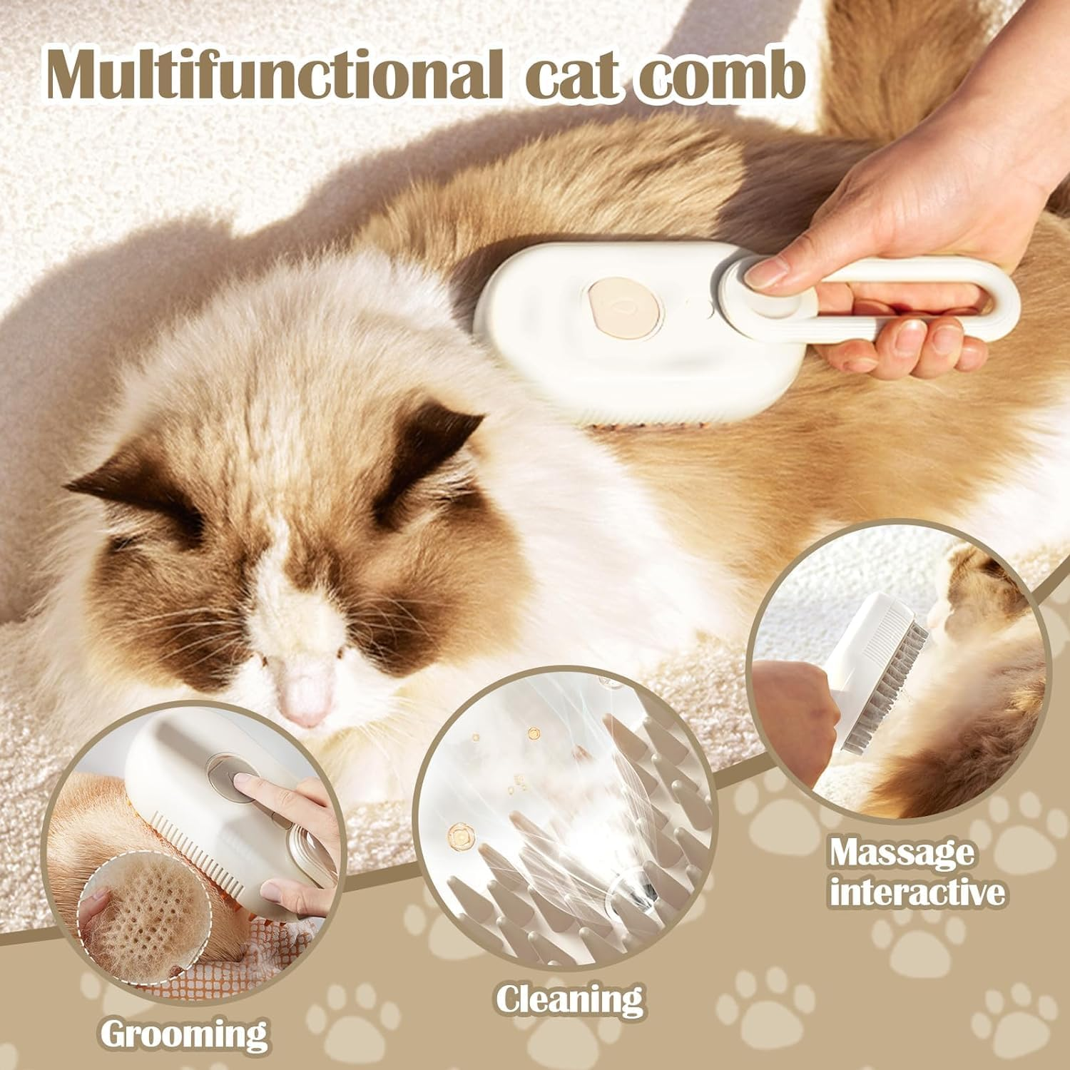 Steam Brush Cat Brush with Steam Pet Spray Massage Comb 3-In-1 Steam Brush Multifunctional Steam Brush Pet Hair Removal Comb Steam Brush Dog (Porcelain White) image number 1