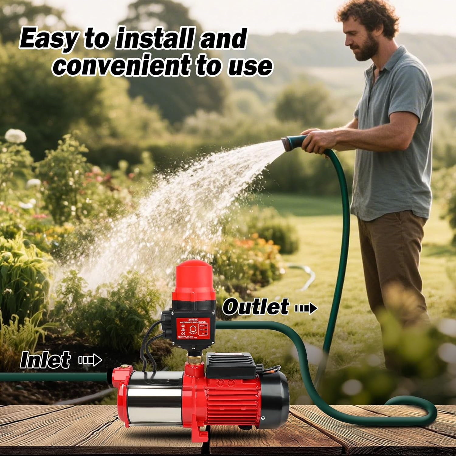 Garden Water Pump 2500W 5-Stage with Fully Automatic Pressure Controller Stainless Steel Anti-Rust Body Irrigation for Pool Pond Rain Tank Home Farm Clean Garden image number 3