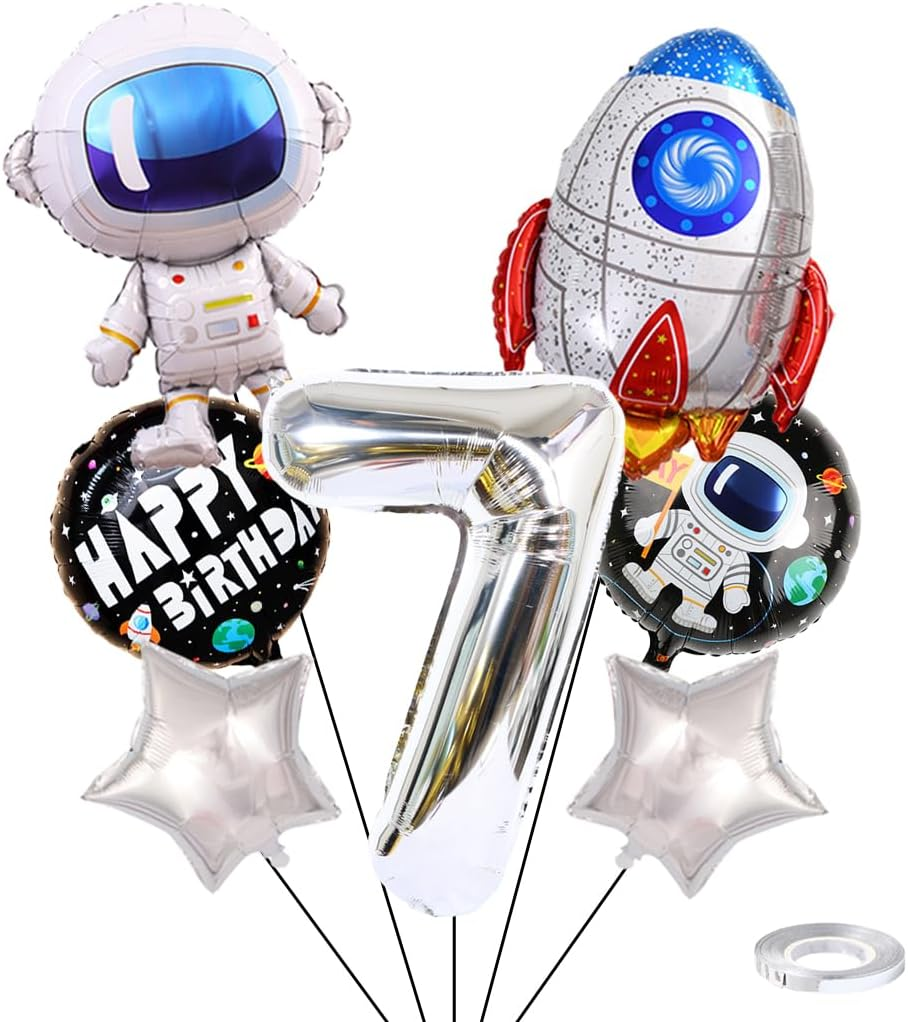 Weenkeey 7Th Birthday Space Balloons Giant Astronaut Rocket Foil Balloons Silver Number 7 Helium Balloon 7Th Birthday Balloons Spaceman Mylar Balloon for Boy Birthday Party image number 3