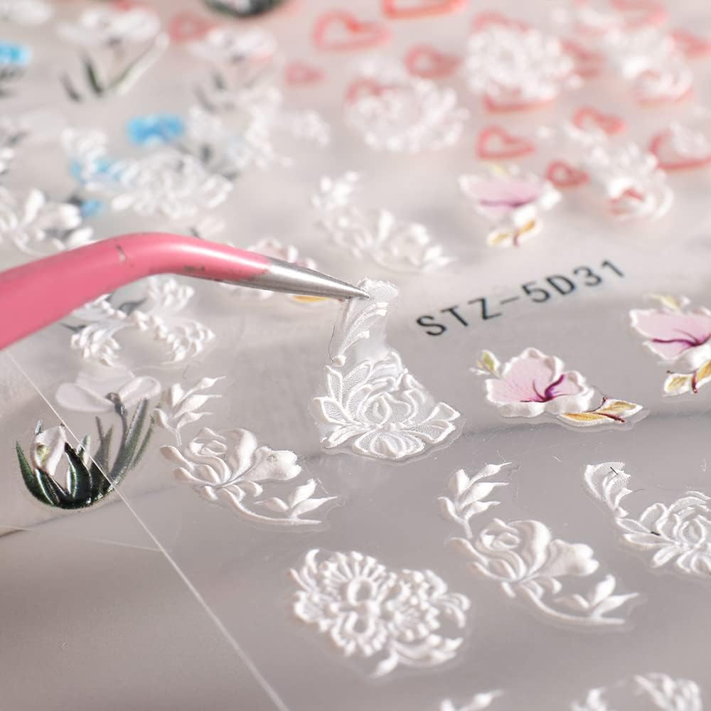 Nail Stickers, Self-Adhesive, 6 Sheets, 5D Nail Stickers, 5D Flowers Nail Art Stickers, White Nail Design for DIY Nail Decoration image number 4