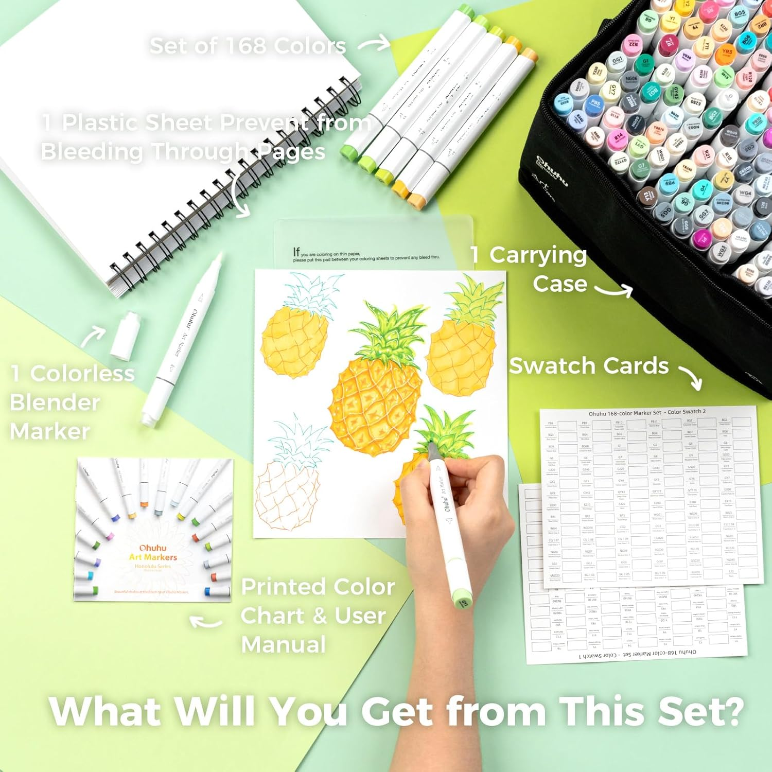 Ohuhu Alcohol Markers Brush Tip: 168-Color Double Tipped Art Marker Set for Artist Adults Coloring Illustrations -Honolulu B -Brush & Fine -Refillable