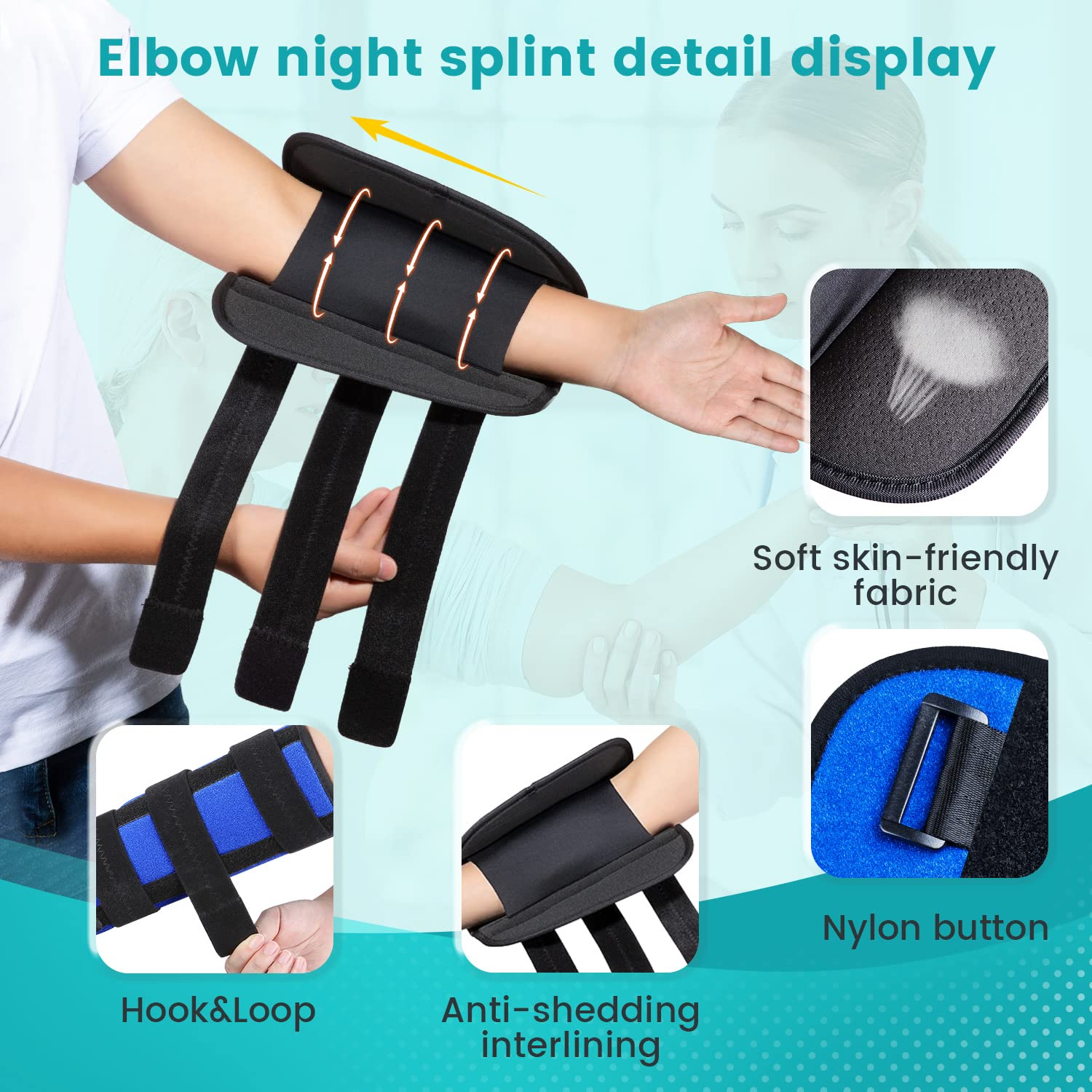 Elbow Brace,Elbow Splint for Cubital Tunnel Syndrome,Night Elbow Sleep Support with 3 Plastic Strips,For Ulnar Nerve, Tennis Elbow,Tendonitis,Fits for Men and Women, for Left and Right Arm - L/XL image number 2