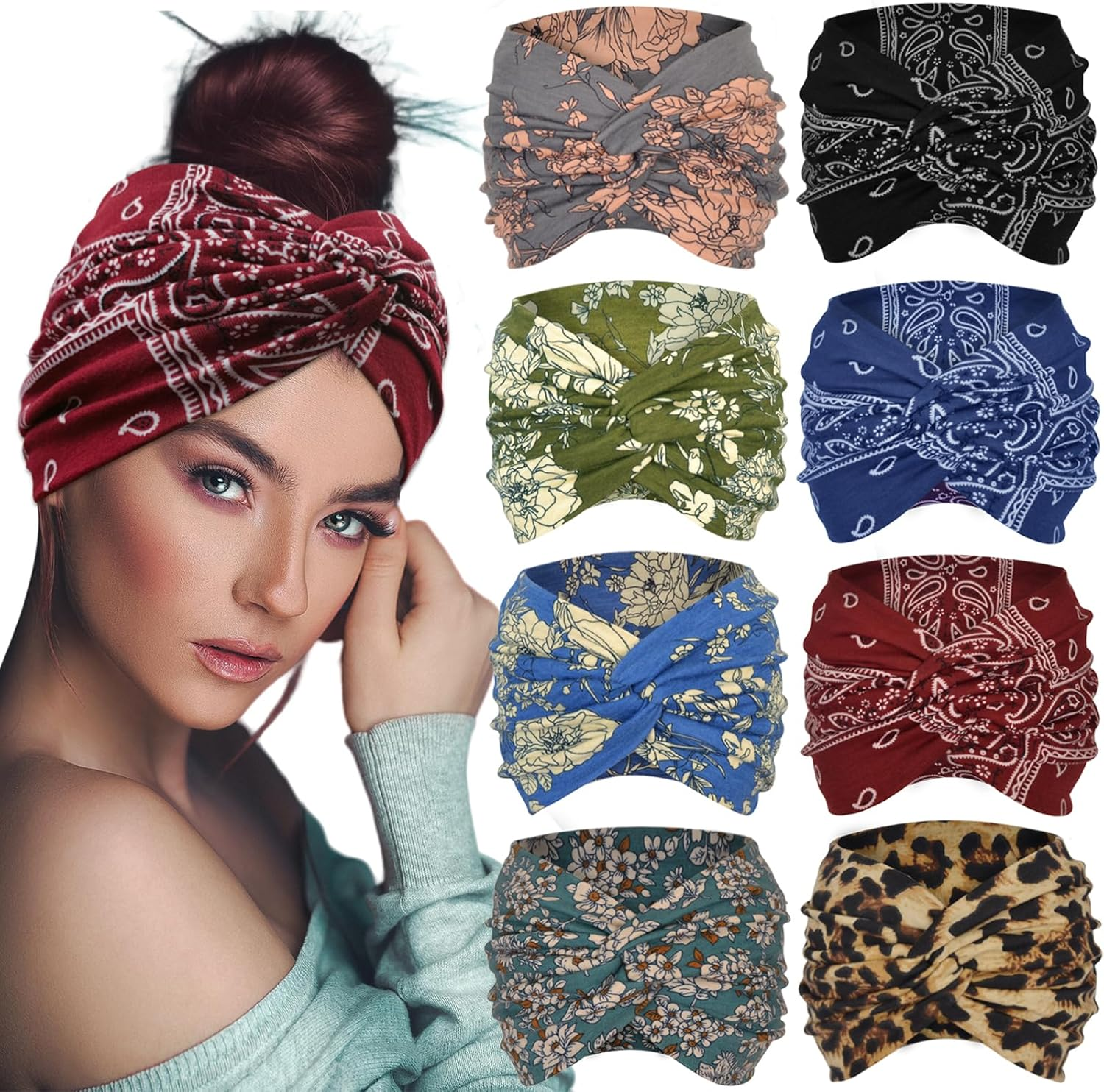 Extra Wide Headbands for Women 7'' Large Headband Twist Head Bands Women'S Hair Band Stretchy Turban Girls Styling Accessories 8 Pack