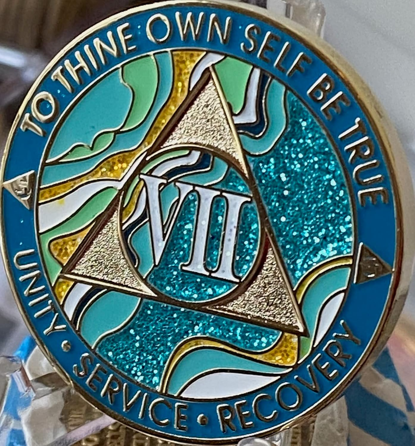 7 Year AA Medallion Elegant Marble Caribbean Aqua Glitter Blue Gold Plated Chip image number 1
