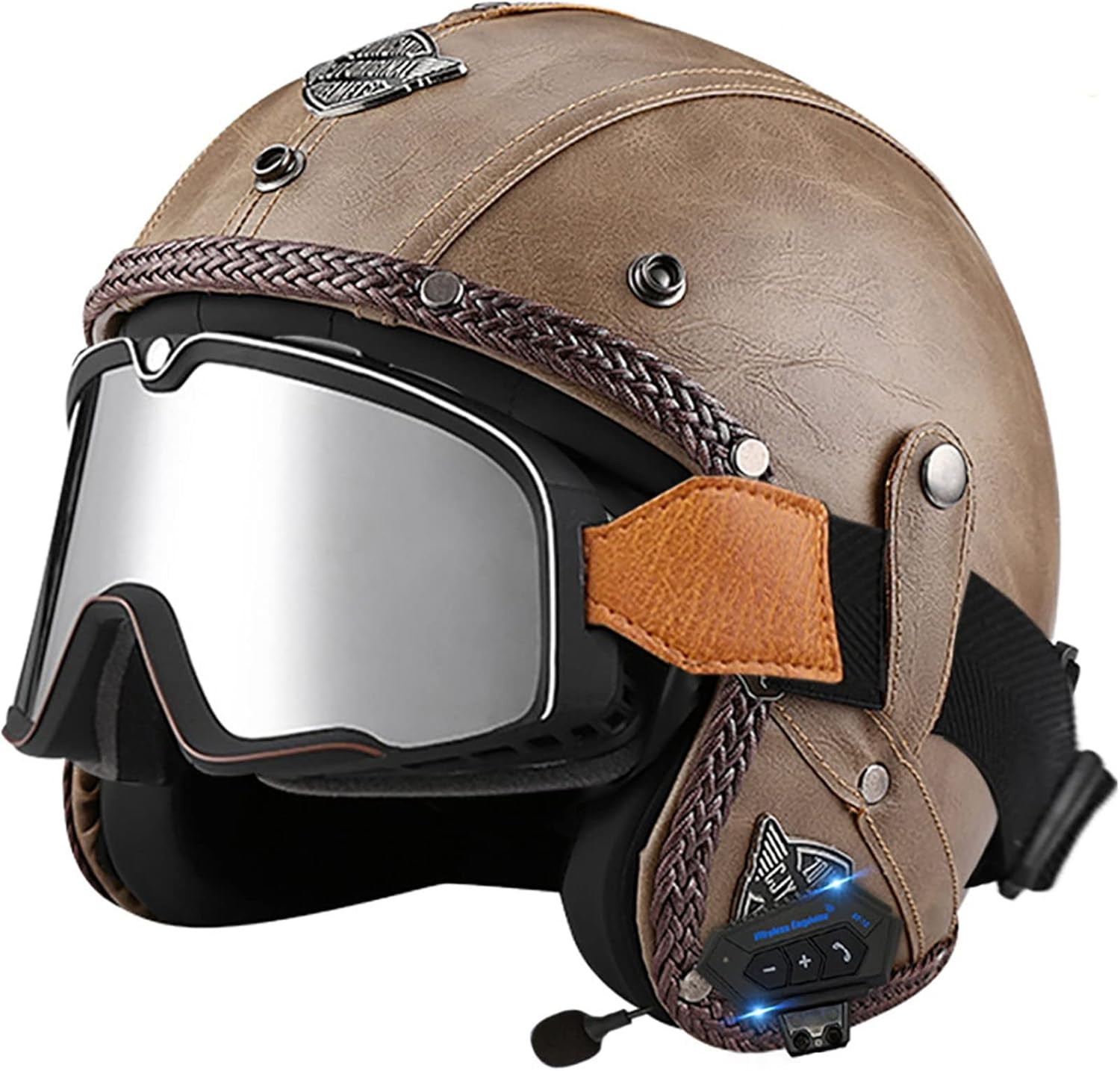 Motorcycle Helmet Vintage Motorcycle 3/4 Helmet with Bluetooth Open Face Leather Helmet with Personalized Visor Fits Adult Men Women DOT/ECE Approved Jet Helmet