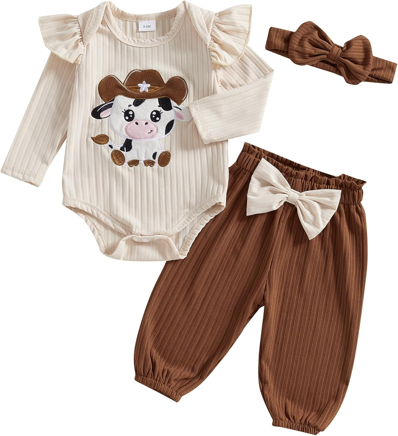 Omkzanbi Western Baby Girl Clothes Cow Print Ruffle Bodysuit Bowknot Jogger Pants Headband Country Cowgirl Coming Home Outfit image number 4
