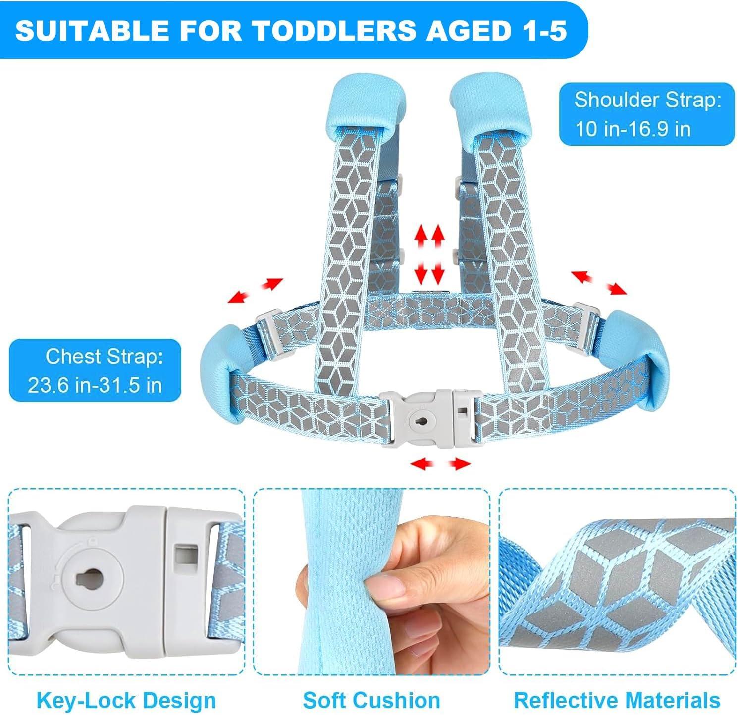 3 in 1 Reflective Kids Leashes, Toddler Harness Leash with anti Lost Wrist Link, Child Harness with Key Lock Design for Boys/Girls, Walking Wristband Rope Protection Tether Belt, Blue image number 6