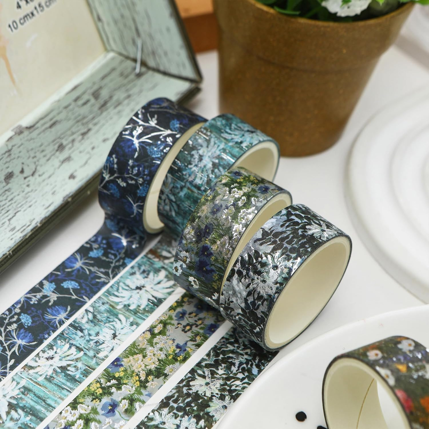 Songdao 12 Rolls Flowers Washi Tape Set Floral Arts Adhesive Tapes Splast Silver Decorative Masking Tape Sets for Craft, Kids, Scrapbook, DIY, Gift Wrapping (Floral Symphony) image number 5