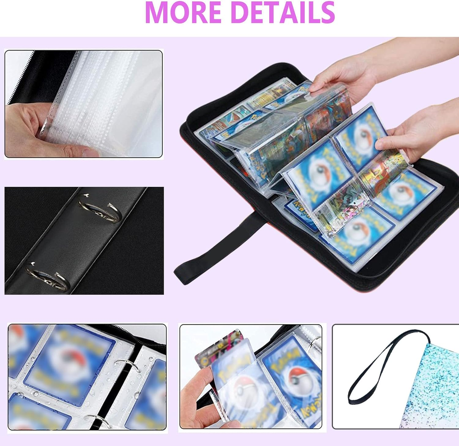 Momerch 400 Pockets Trading Card Binder, Coloful PU Cover Zip Binder Card Album Folder with 50 Detachable Sleeves Album Folder for Standard Size Cards Sports Cards Gaming Cards Baseball Cards image number 6