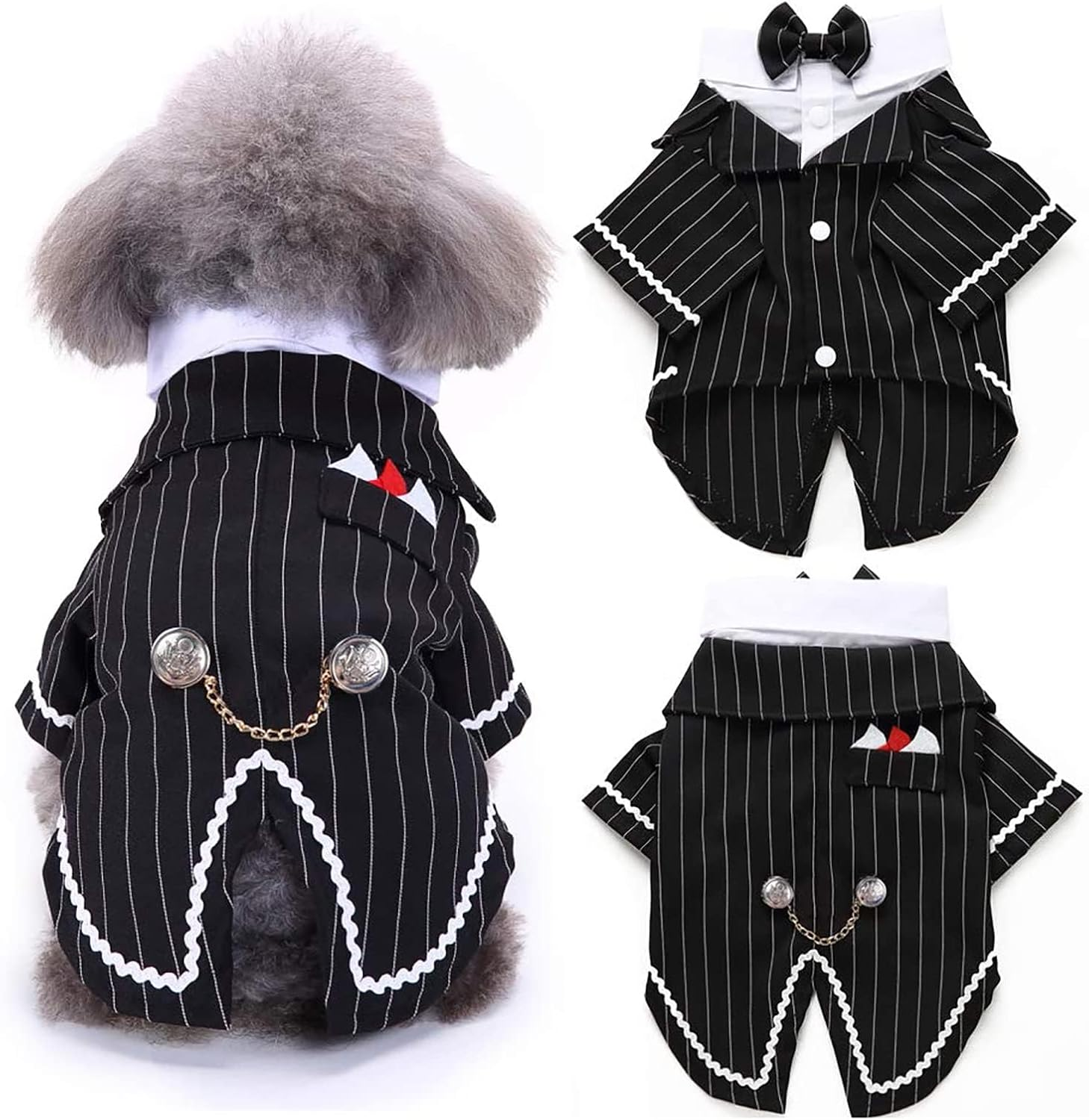 DENTRUN Dog Tuxedo Suit with Bow Tie - Formal Black & White Striped Pet Costume Shirt, Elegant Wedding Outfit Birthday Party Attire for Chihuahua Yorkie Shih Tzu Pomeranian Small Dogs, S