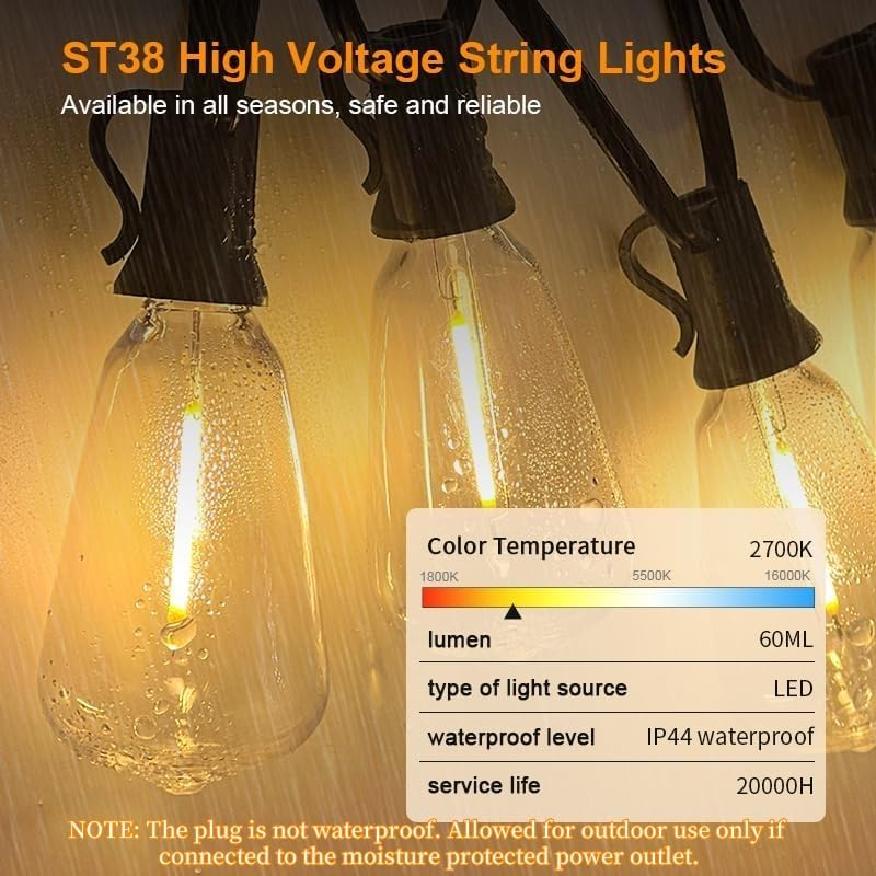 ZCOINS 15M LED Outdoor Hanging String Lights, 25 Bulbs+1 Spares LED Waterproof and Shatterproof Fairy Lights for outside Party, Garden, Balcony, Porch, Deck, Home, Backyard