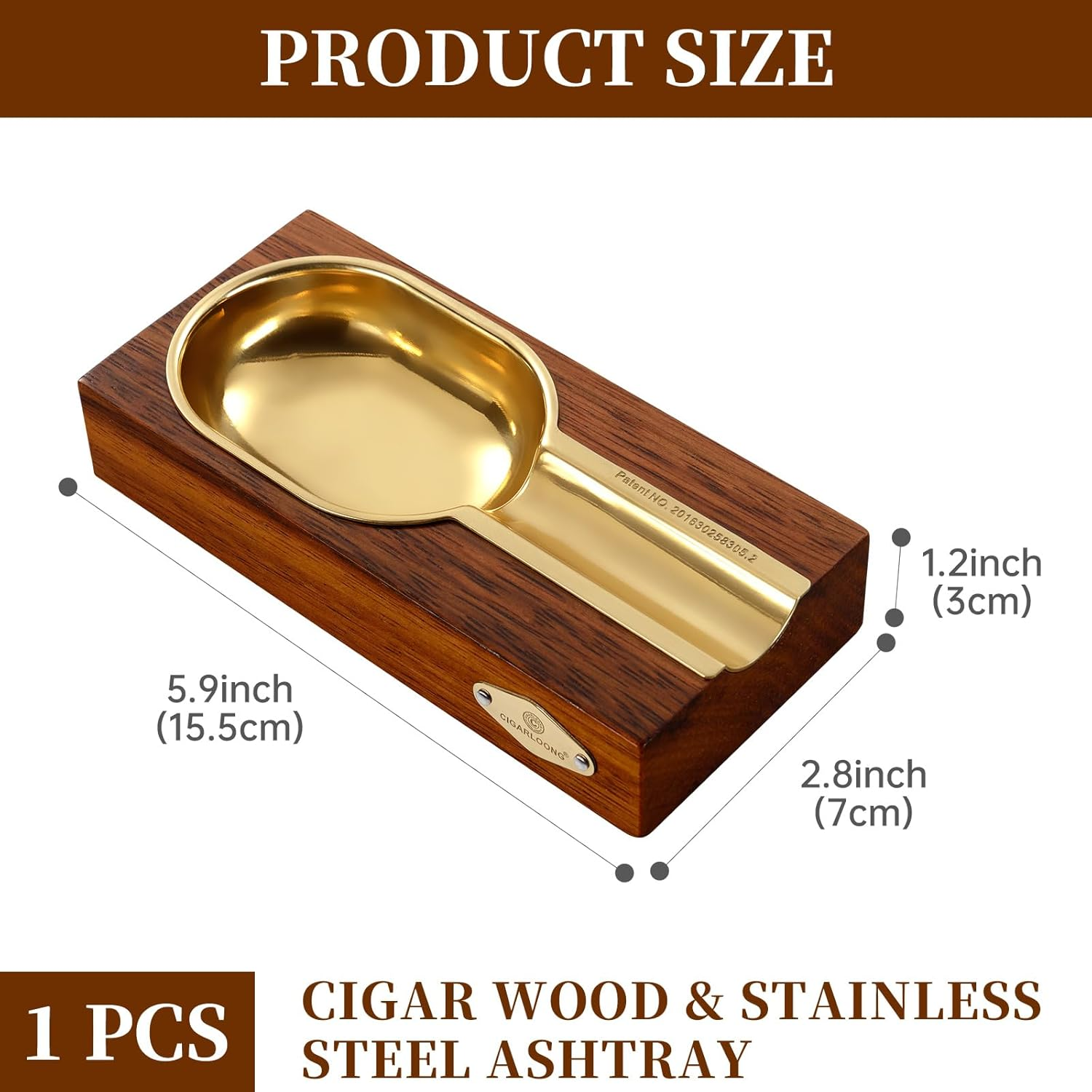 Cigar Ashtray, Wooden & Stainless Steel Slot for Single Cigars, Large Cigar Holder for Household or Outdoors Use (Brown) image number 5