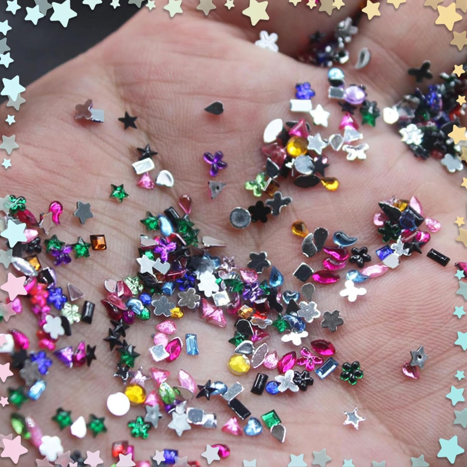 Lunarcharm 2000 Pieces Colorful Rhinestone Nail Art Pendants with Tweezers Multiple Shapes Crystals Flat Back Nail Gems 3D Mini Heart Star Nail Diamonds image number 4