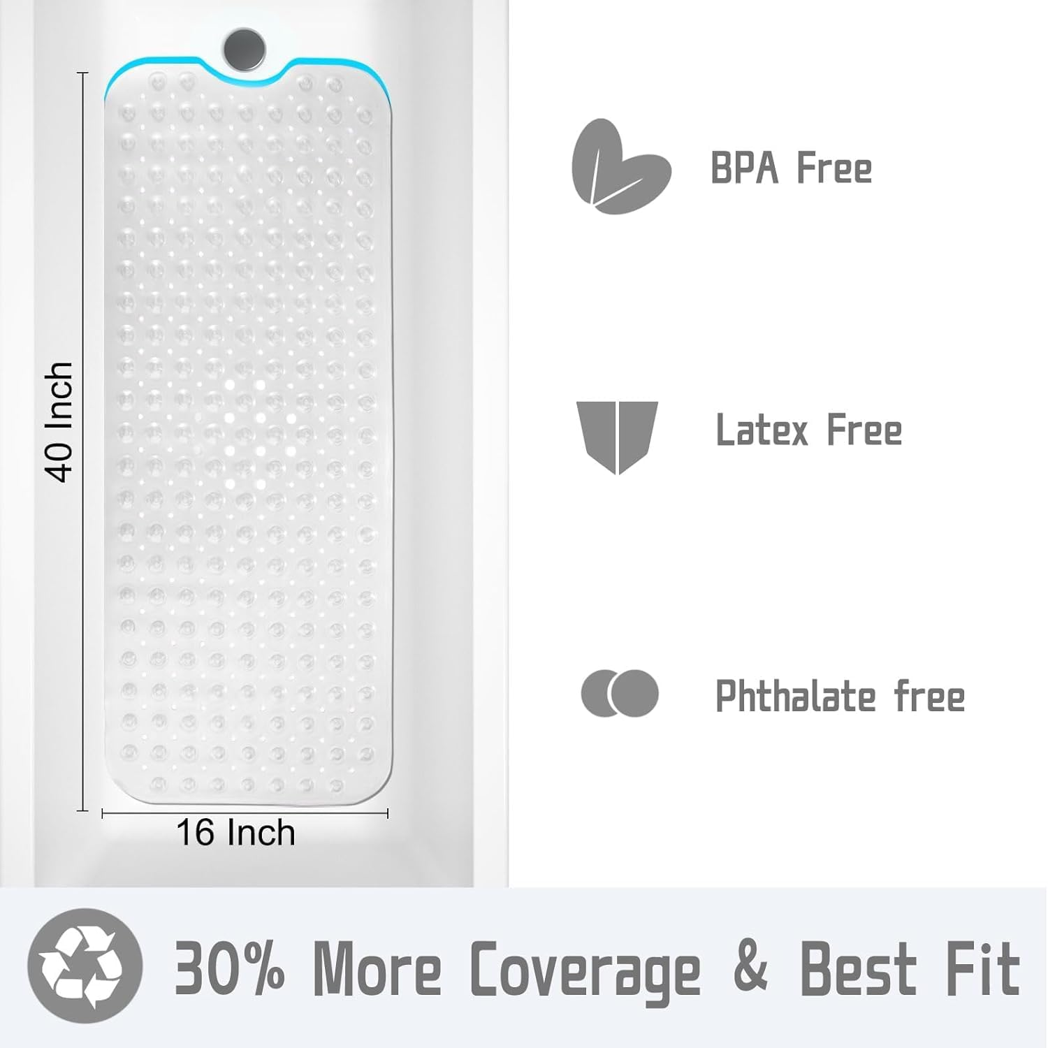 Mumoo Bear Non Slip Bath Mat for Tub, 100 X 40Cm Extra Long Shower Mat anti Mould, Machine Washable Bathroom Bathtub Mat with Suction Cups and Drain Holes, Soft on Feet, Clear image number 5