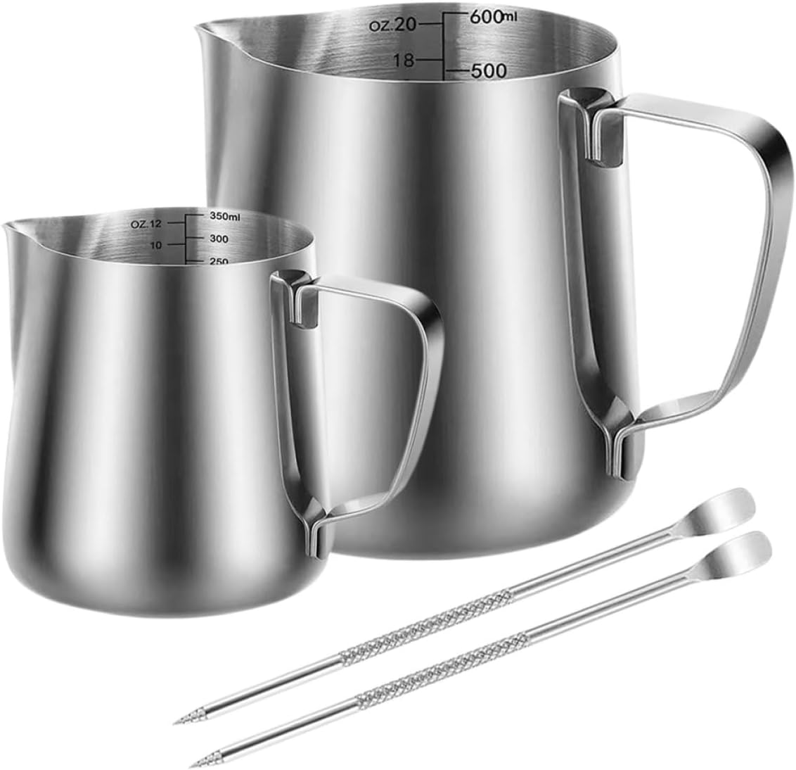 COMPUKAS Stainless Steel Milk Frothing Jug Set 350Ml 600Ml Pitchers with Spout Handle Latte Art Pens Scale Marked Milk Steamer Cups for Coffee Bar Accessories and Espresso Frother image number 6