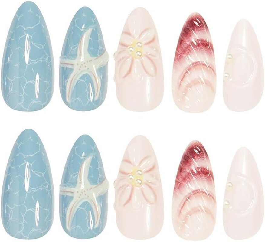 24Pcs Press on Nails Ocean Style Fake Nails Starfish&Seashell 3D False Nail Tips Finger Manicure for Women and Girls image number 6