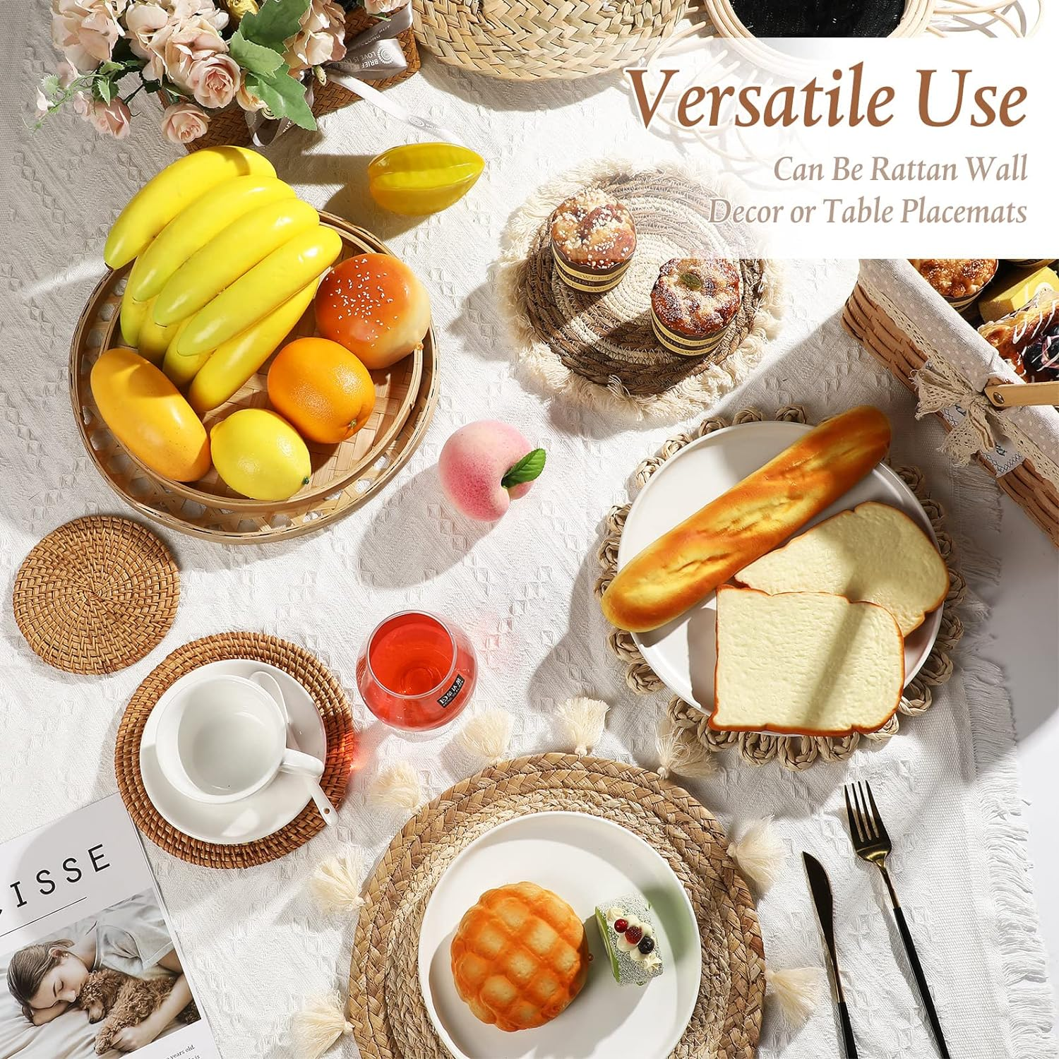 Unittype Set of 9 Wall Basket Decor Boho Hanging Rattan Wall Decor Flat round Wicker Mirror Woven Macrame Tassels Tapestry Bamboo Basket Handmade Serving Tray Art for Room Bedroom Living Room image number 4