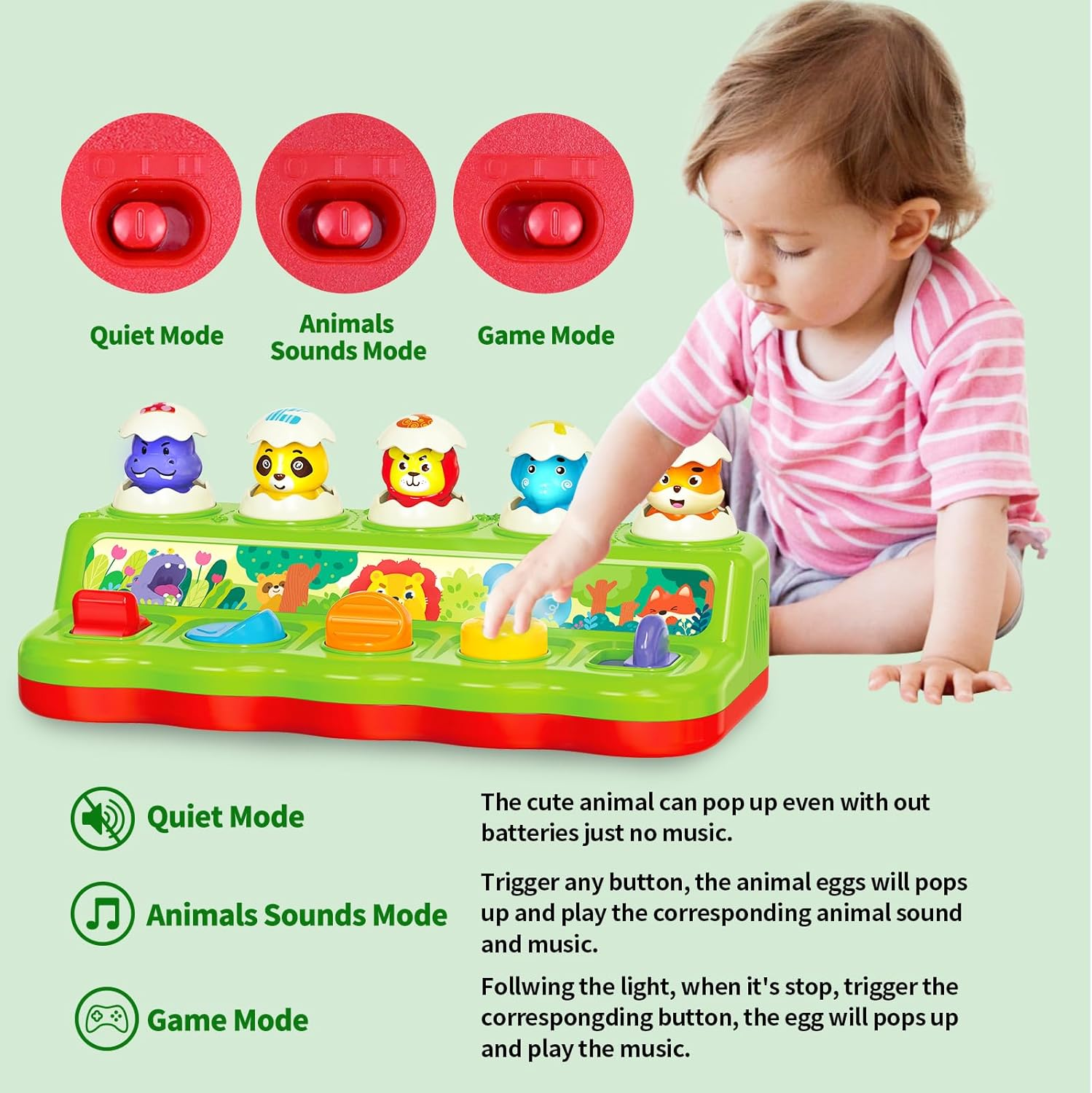 1 2 Year Old Toys for Boys Girls Birthday Gift, Pop up Baby Toys 6-12-18 Months, Learning Educational Montessori Toy for Toddlers, Musical Animal Eggs Toy with Music & Light, Kids Toys 1 Year image number 3