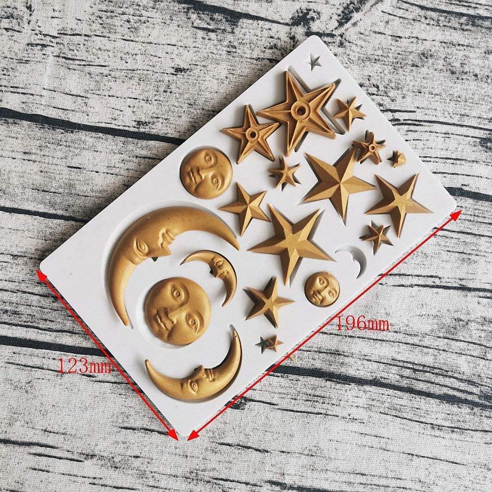 Sun, Moon & Stars Cake Fondant Molds, Sun Face Crescent Moon Silicone Sugar Craft Gum Paste Chocolate Candy Mold Polymer Clay Resin Epoxy Mold Twinkle Twinkle Little Star Cupcake Decorations image number 2