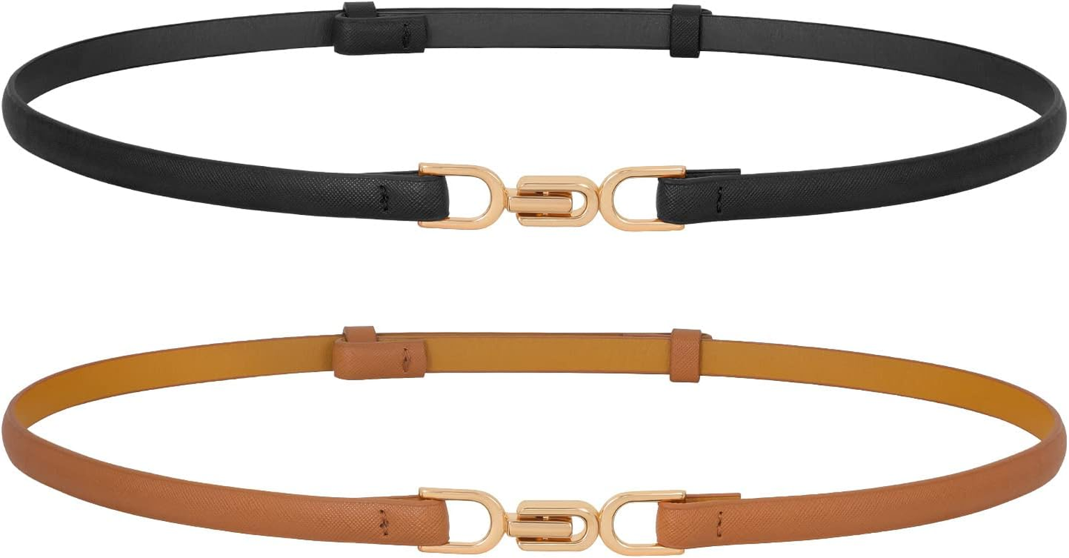 TRIWORKS Women Leather Skinny Belt 2 Pack Adjustable Belts Ladies Thin Waist Belts for Dresses, Black+Brown image number 6