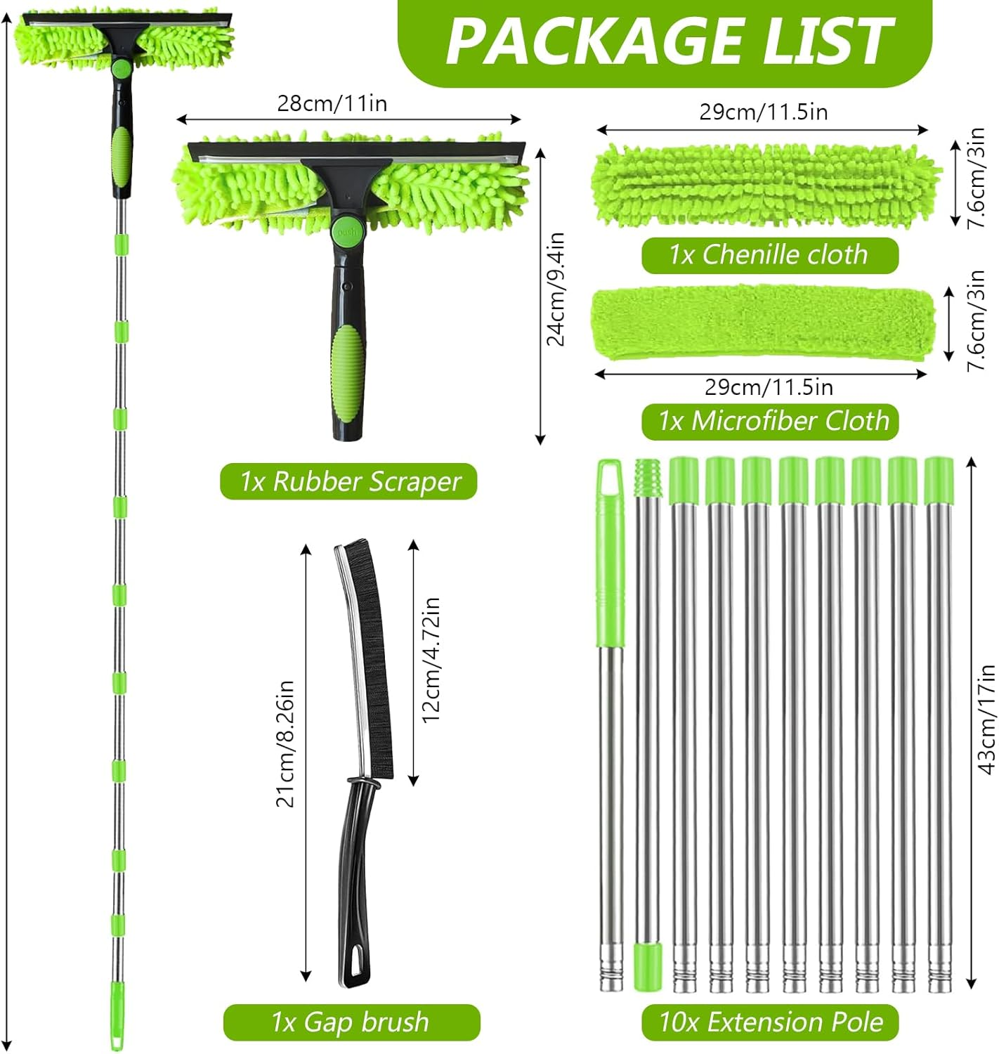 4.5M Window Cleaning Kit, Extra Long 2-In-1 Extendable Window Cleaning Equipment with Microfiber Cloth Squeegee Strips for High Windows, Walls & Cars