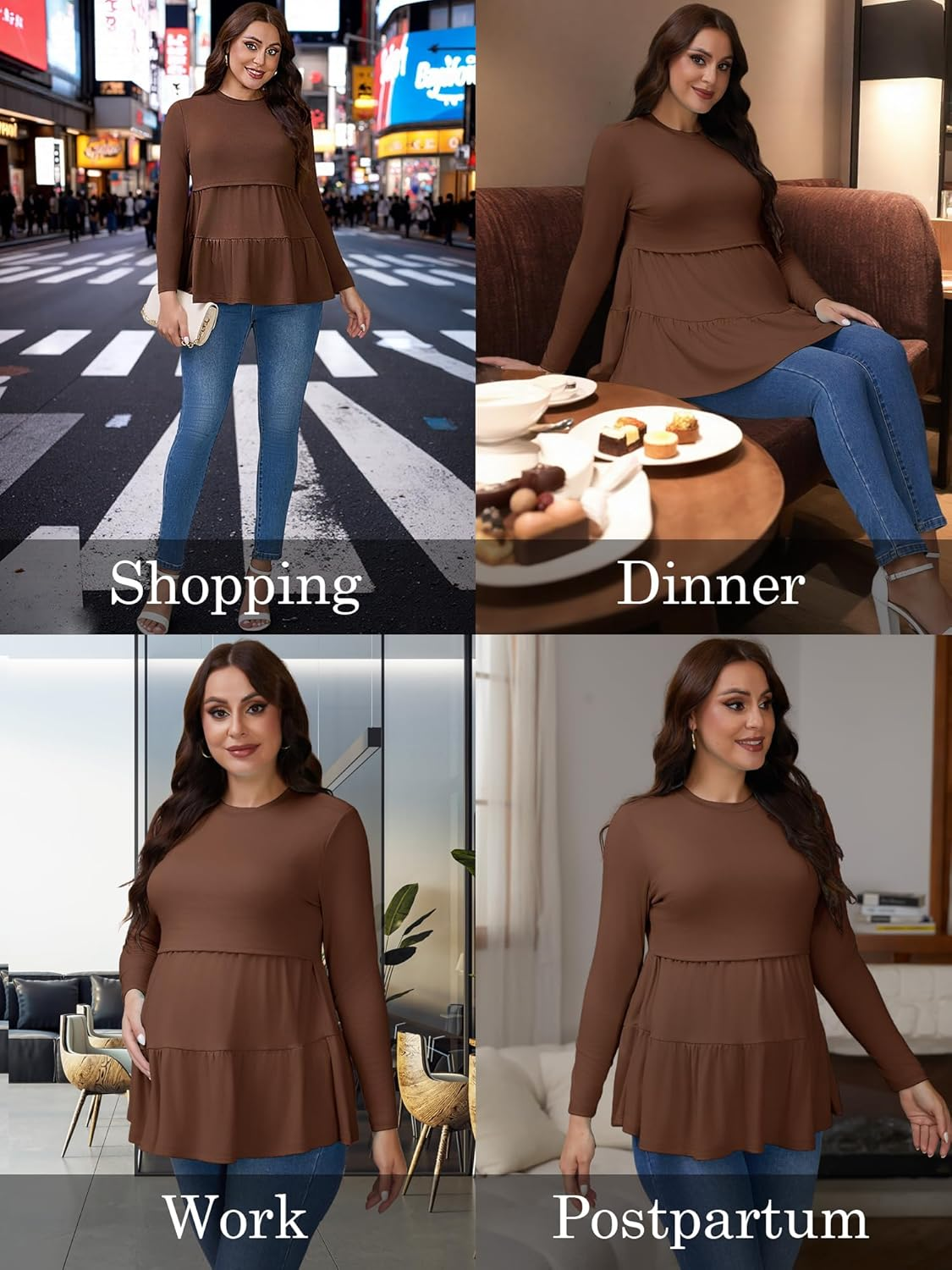 Cheibear Womens Nursing Top Ruffle Pleated Long Sleeve Tunic Rayon Postpartum Breastfeeding Shirt Pregnancy Clothes Brown Large image number 2