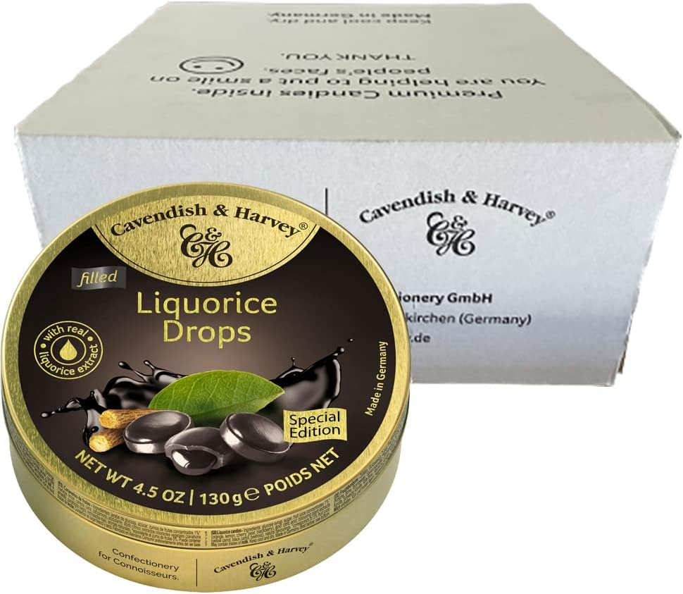 Cavendish and Harvey Liquorice Filled Drops 130G Tin Sweets Lollies X 12