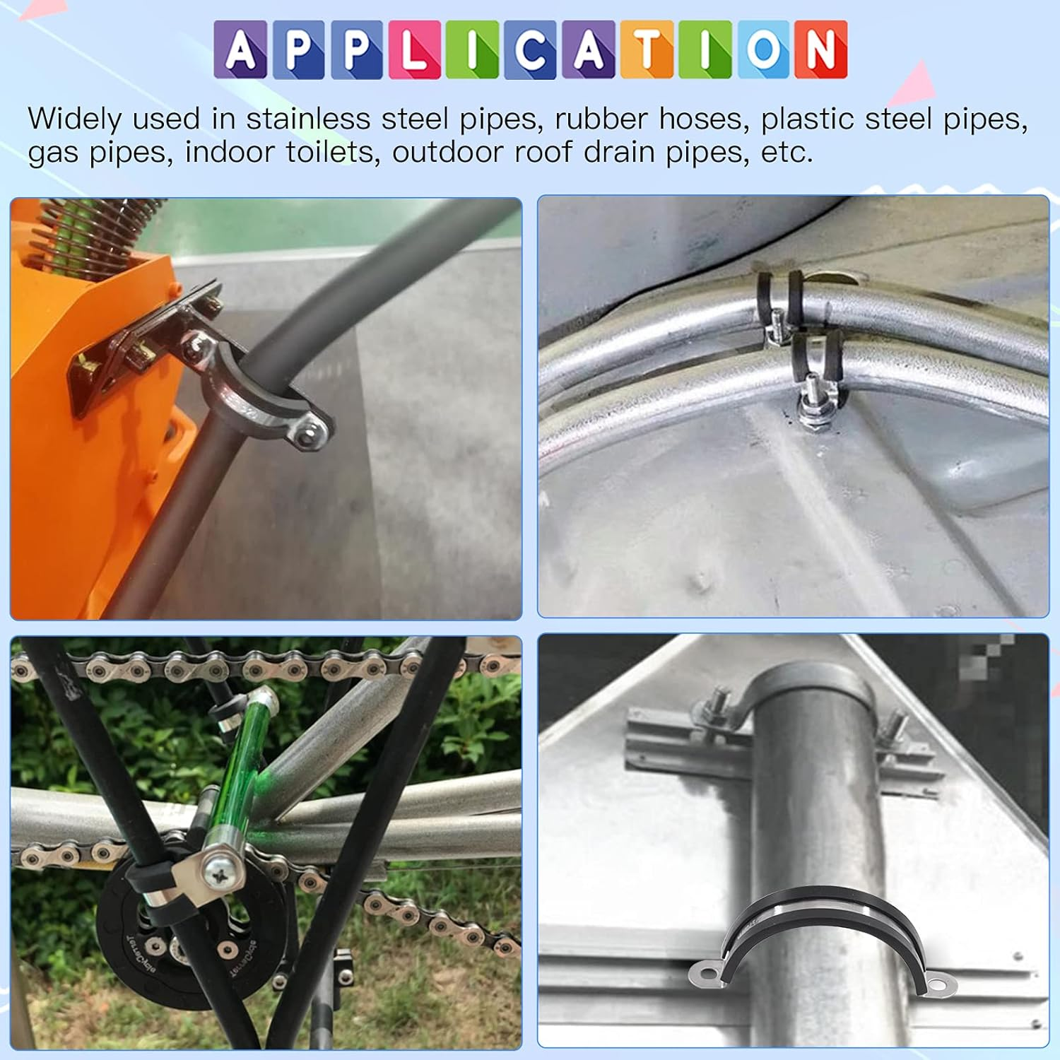 Glarks 60Pcs 8-32MM 2 Hole U-Tube Strap Clamp Set 304 Stainless Steel Rubber Cushion Rigid Pipe Strap U Bracket Tube Strap Assortment Kit for Pipe Tube Fixing (8-32Mm Strap Clamp Set)