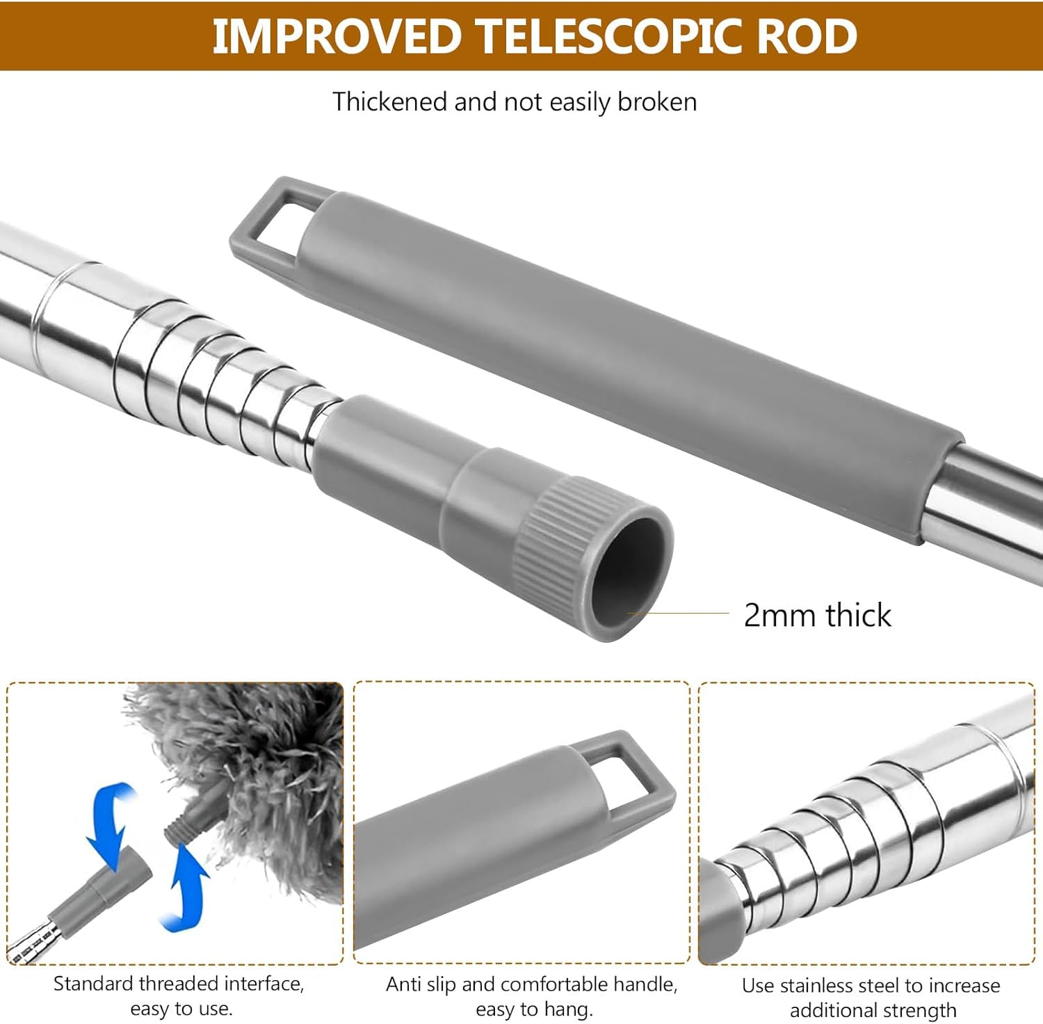 BTBHIHO Pack of 7 Telescopic Washable Duster, Microfibre Duster, Can Be Extended to 2.8 Metres, Spider Web Remover, Dust Brush, Dust Brush for Gaps Ceilings, Cobwebs, Grey