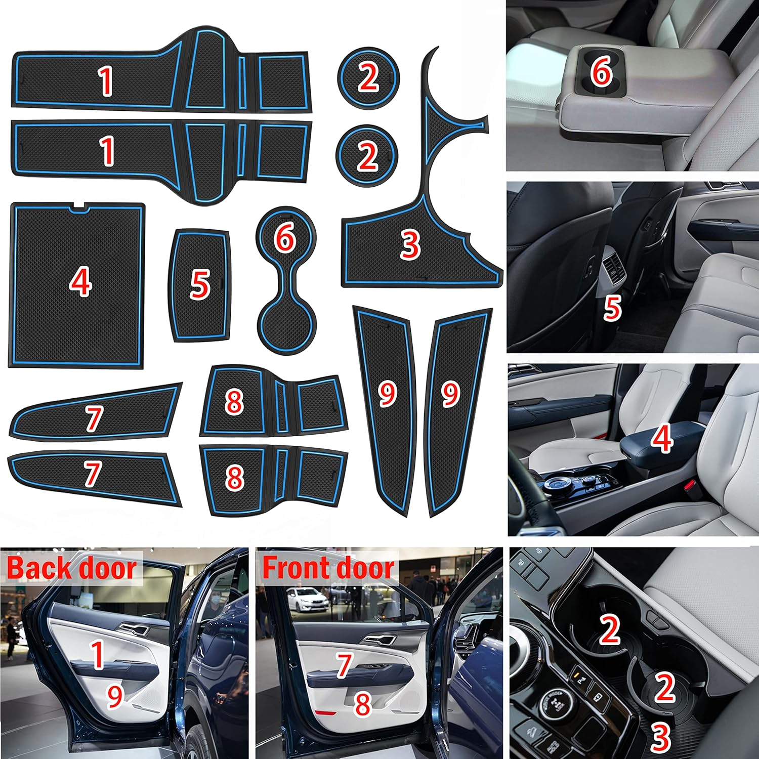SENSHINE Customized Liners for Kia Sportage Accessories 2023 Hybrid Cup Holder Insert Liner Center Console Liner Glove Box Mats Inserts Non-Slip Mats Pad 14-PC Set (Blue Trim) - Blue,Random image number 2