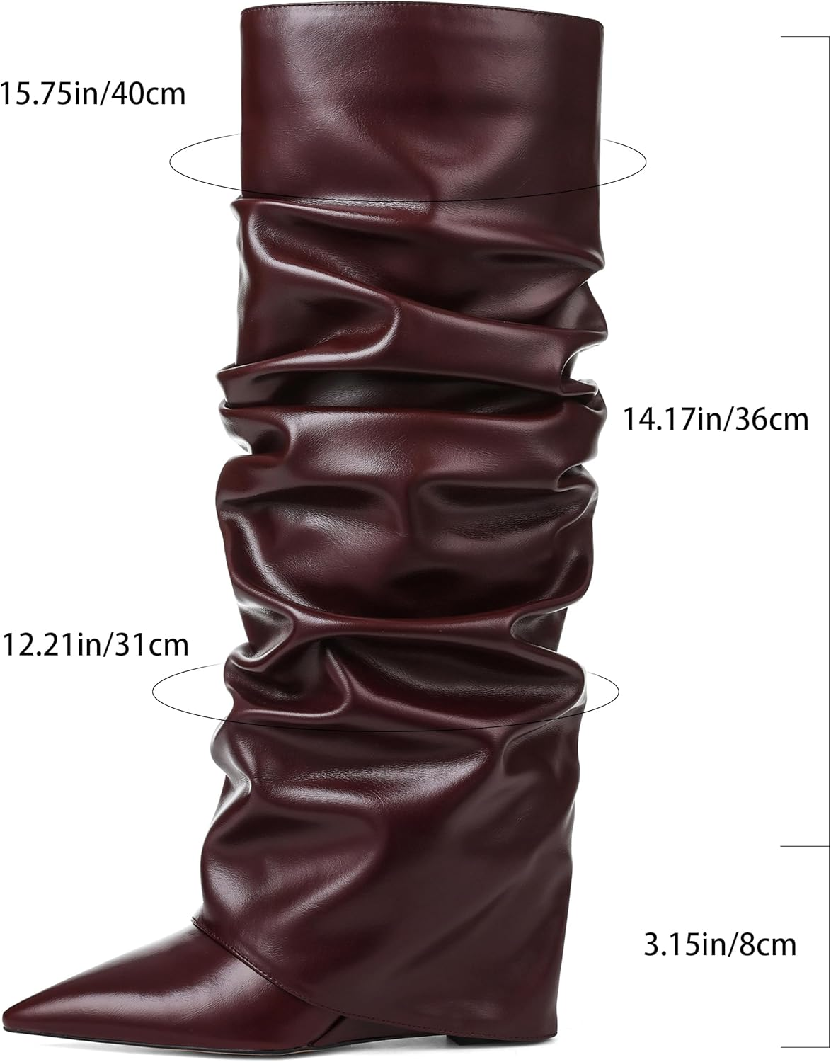 Oiamenne Women'S Fold over Boots Slouch Knee High Boots for Women Wedge Heel Pointed Toe Tall Boot, Wide Calf, Pull-On, Burgundy, 10 image number 5