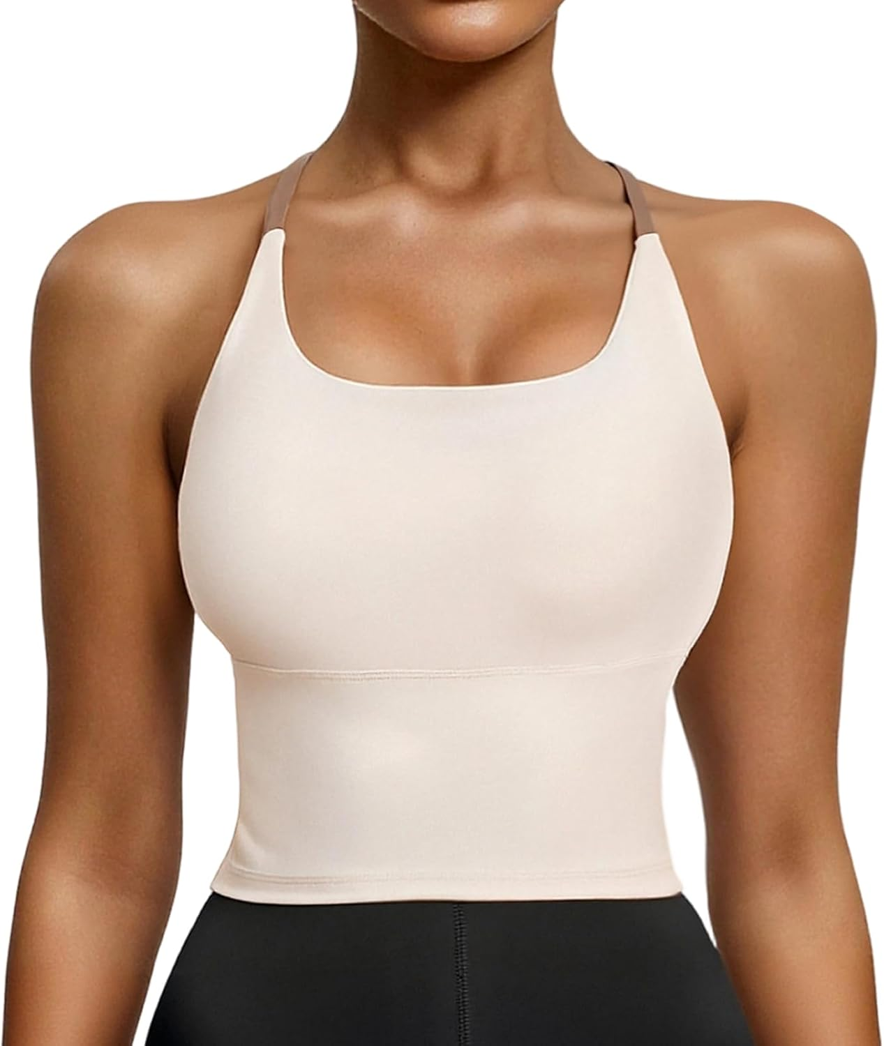 Women&rsquo;S Longline Sports Bra with Built-In Pads - Yoga Bra Tank Top, Cross Back Fitness Crop Top with Spaghetti Straps for Gym, Pilates