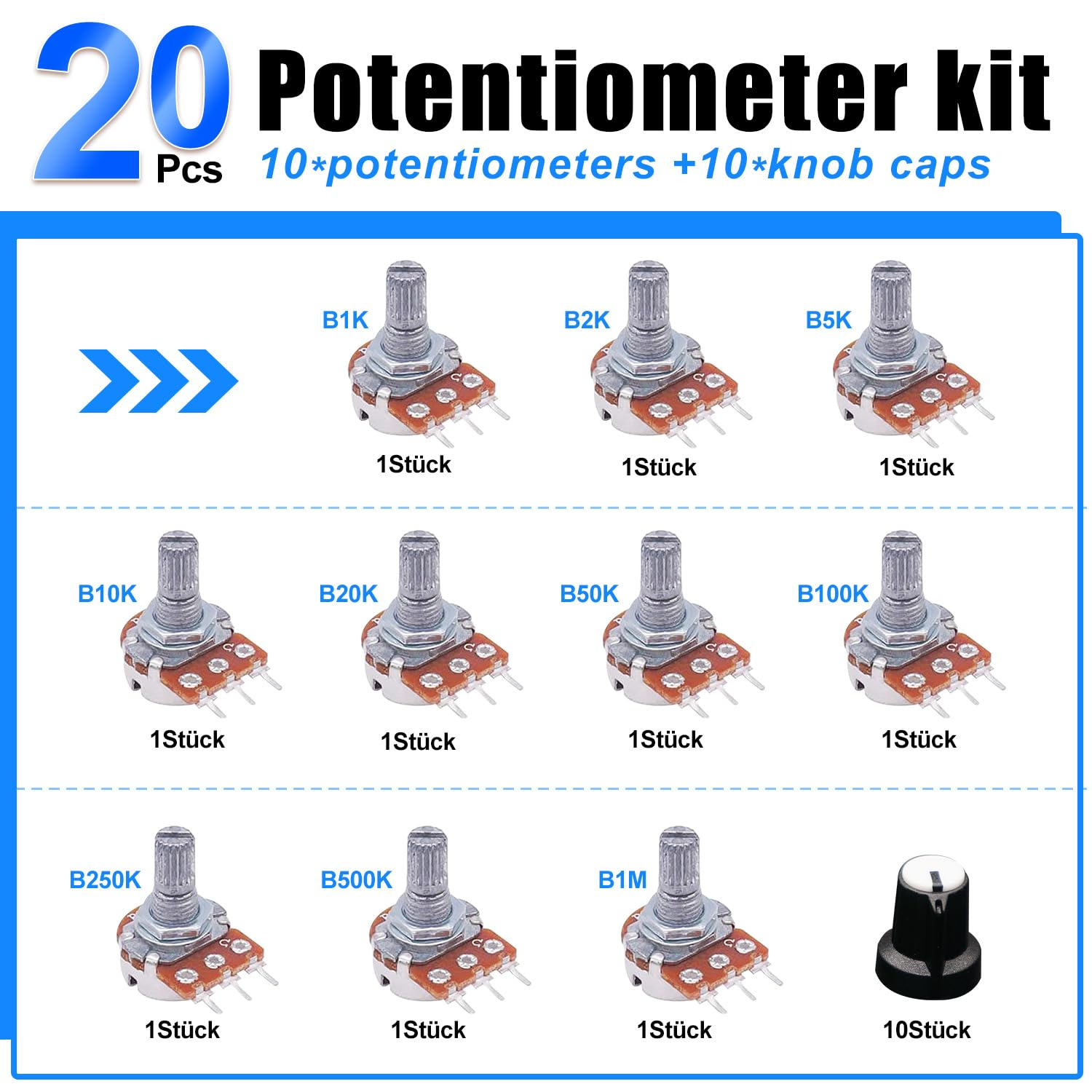 Taiss 20PCS Potentiometer Kit with Knobs B1K 2K 5K 10K 20K 50K 100K 250K 500K 1M Ohm Potentiometers Assortment 3 Terminals Linear Taper Rotary Audio B Type Potentiometer,Volume Control Potentiometer image number 3