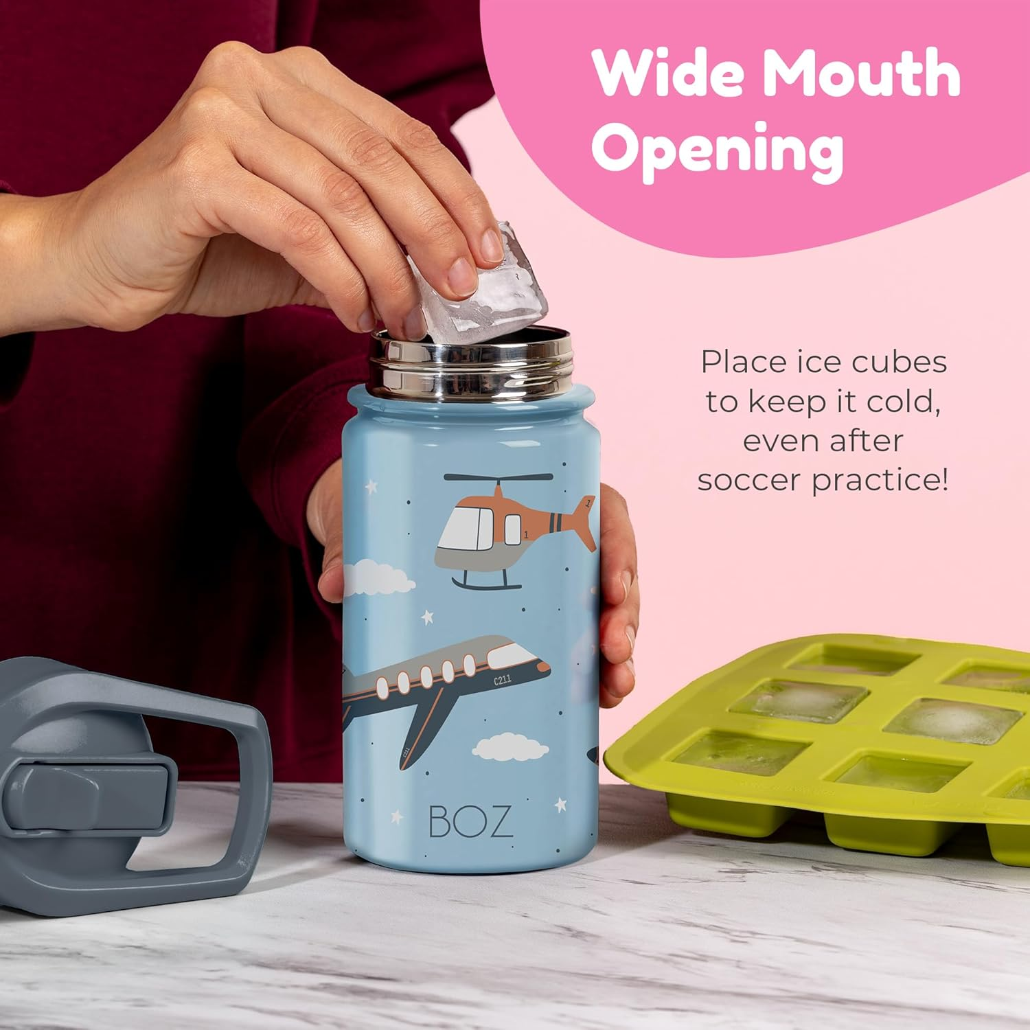 BOZ Kids Insulated Water Bottle with Straw Lid, Stainless Steel Vacuum Double Wall Water Cup, 14 Oz (414Ml). Scratch-Resistant Cute Print and Carry Handle, Bpa-Free and Dishwasher-Safe (Mermaid) - Butterfly image number 6