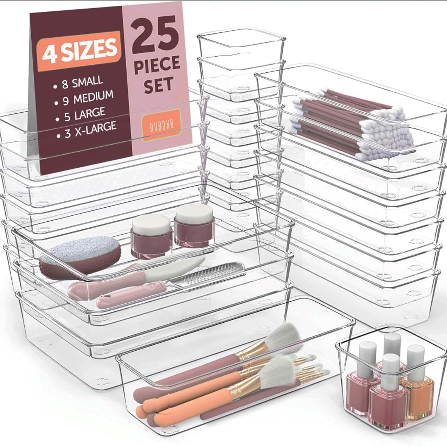 Clear Plastic Drawer Organizers Set, 4-Size Versatile Bathroom and Vanity Organizer Trays, Non-Slip Storage Containers for Makeup, Jewelries, Bedroom, Kitchen Utensils and Office（25Pcs） image number 2