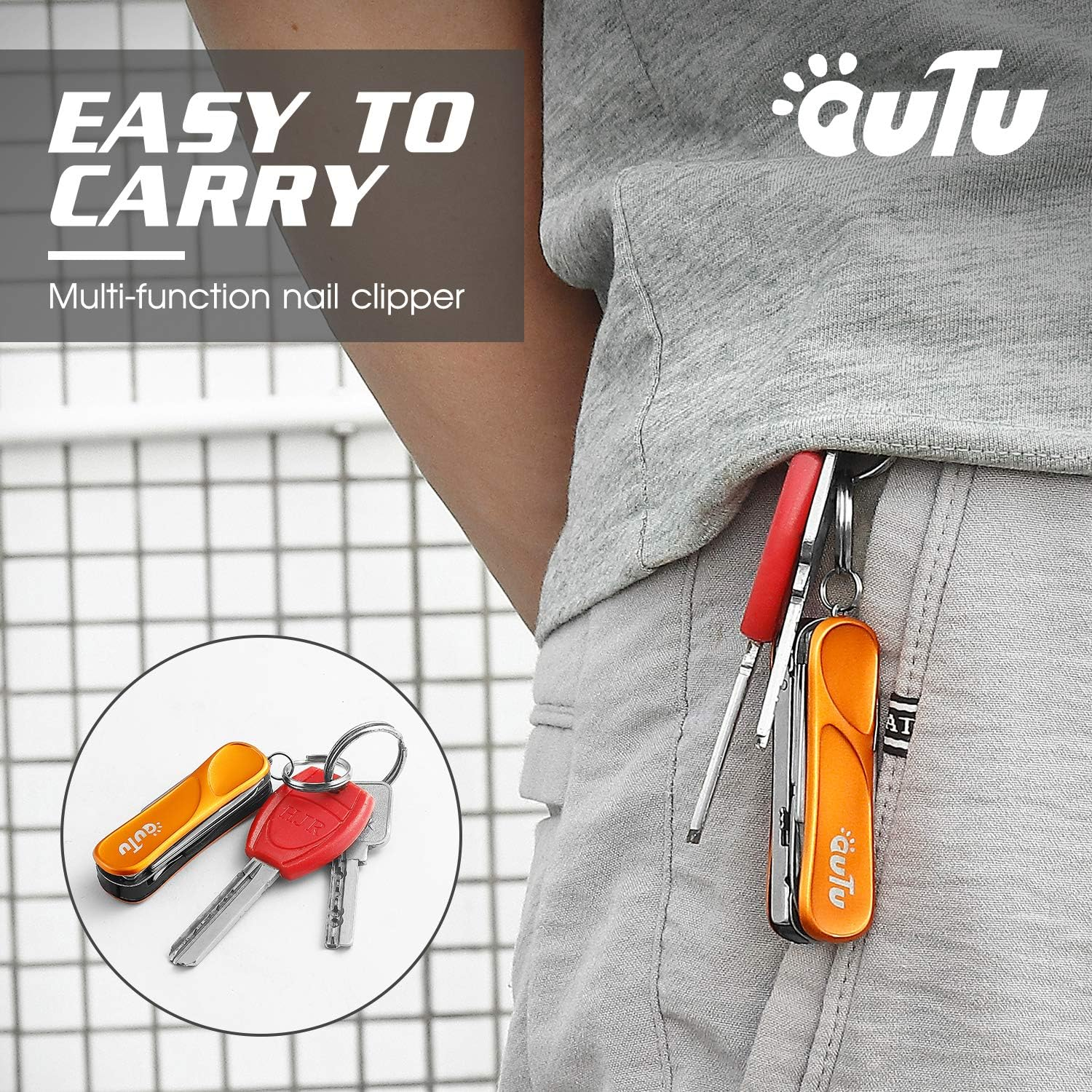 OUTU Keychain Nail Clipper Multitool, 7 in 1 EDC Utility Tool with Nail Clipper, Scissors, Gifts for Him Men Husband Dad Boyfriend (Orange) image number 5