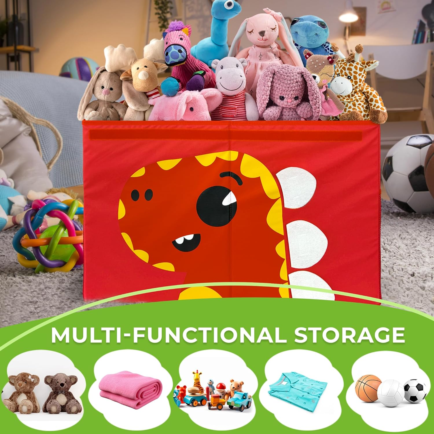 QUOKKA Toy Storage Box for Boys and Girls - 24.8X16.1X13 in Dino Toy Chest Organizer for Kids | Collapsible | Handles | Flip-Top Lids | Fabric Foldable Bin for Playroom - Nursery Room Organization image number 3