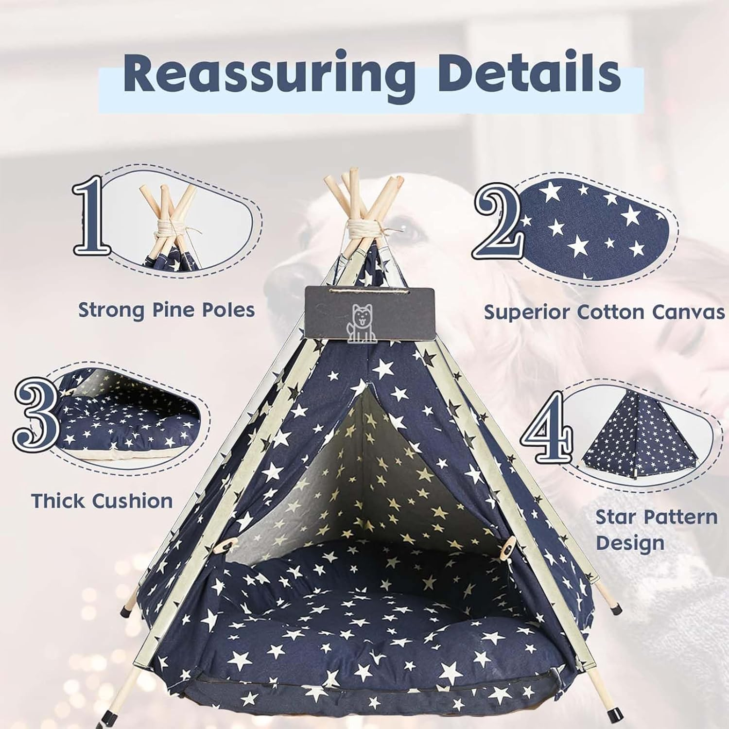 Pet Teepee Tent 60 Cm &ndash; Portable Indoor Dog and Cat Bed with Plush Cushion, Washable Navy Blue Stars Pattern Tent House, Ideal for Puppies and Kittens image number 3