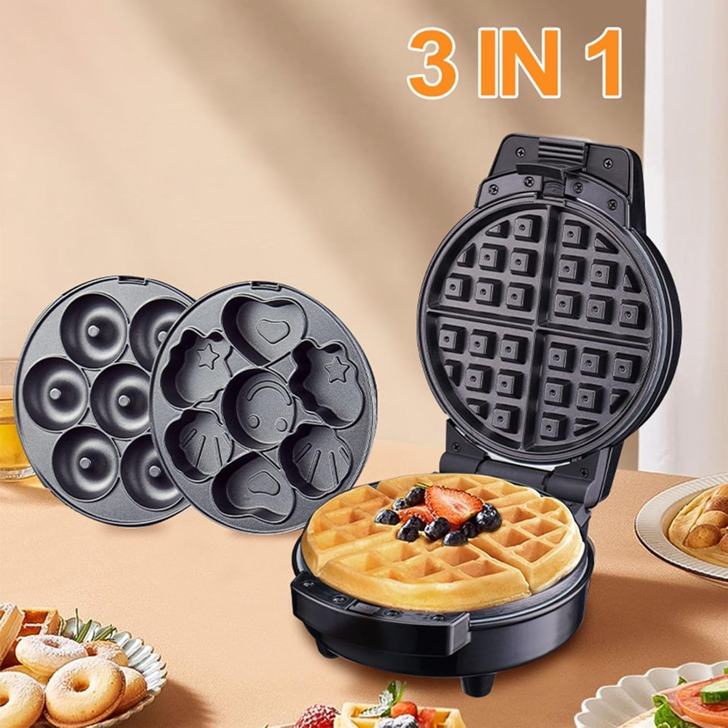 Waffle Maker 3 in 1 Detachable Baking Plates Non Stick Plates with LED Display round Waffle Doughnut Cartoon Cake Sandwich Maker 600W image number 3